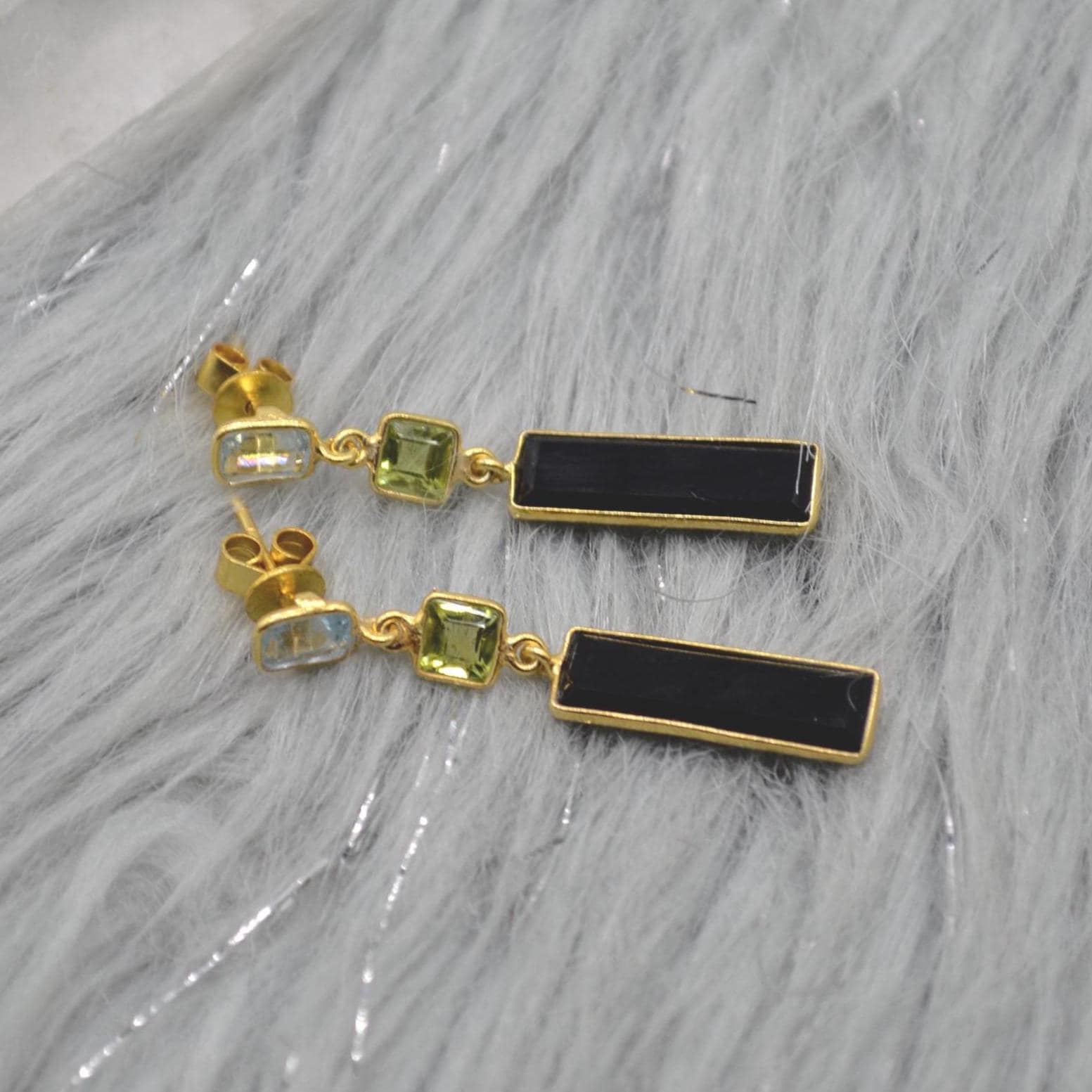 Black Onyx Peridot Blue Topaz Earrings: Sterling Silver Birthstone Gemstone Drops