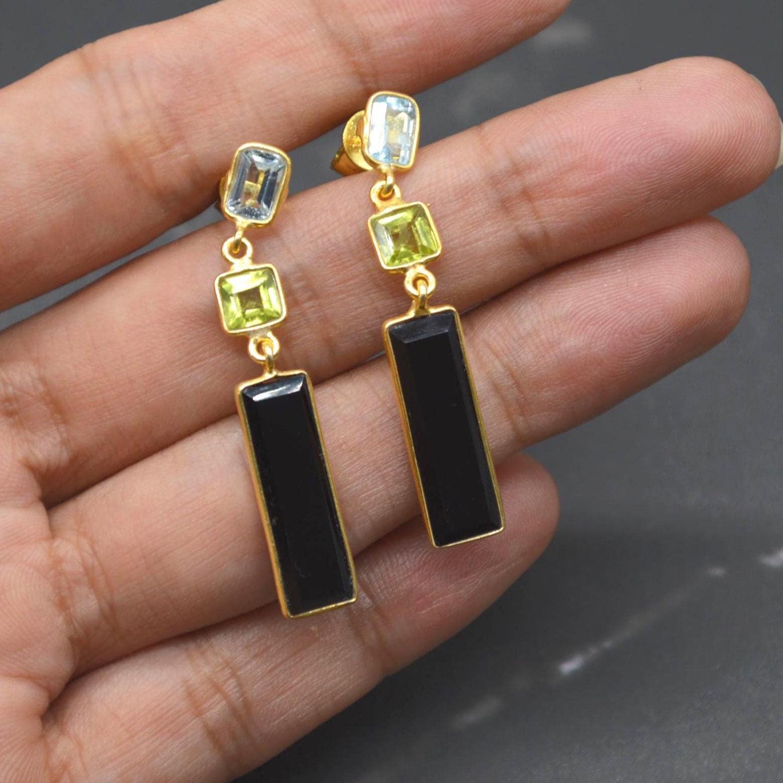 Black Onyx Peridot Blue Topaz Earrings: Sterling Silver Birthstone Gemstone Drops