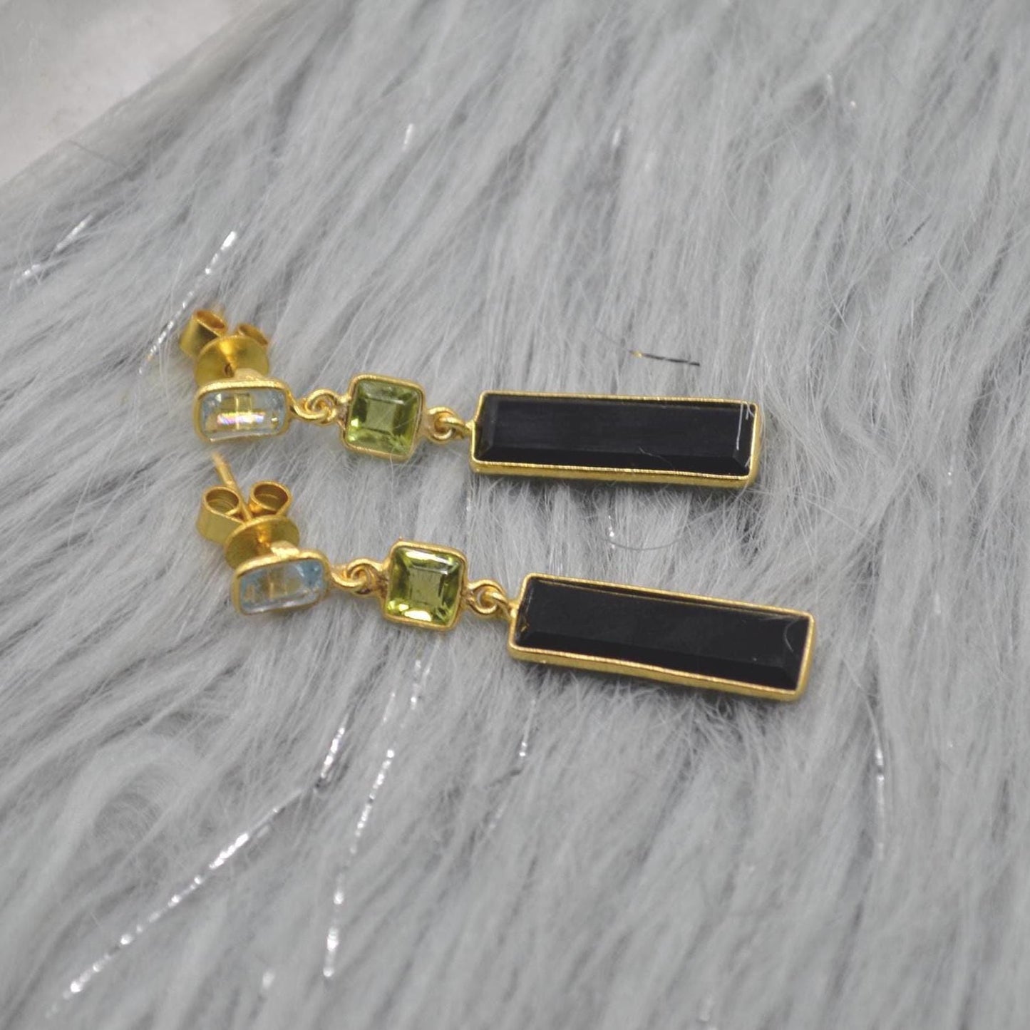 Black Onyx Peridot Blue Topaz Earrings: Sterling Silver Birthstone Gemstone Drops