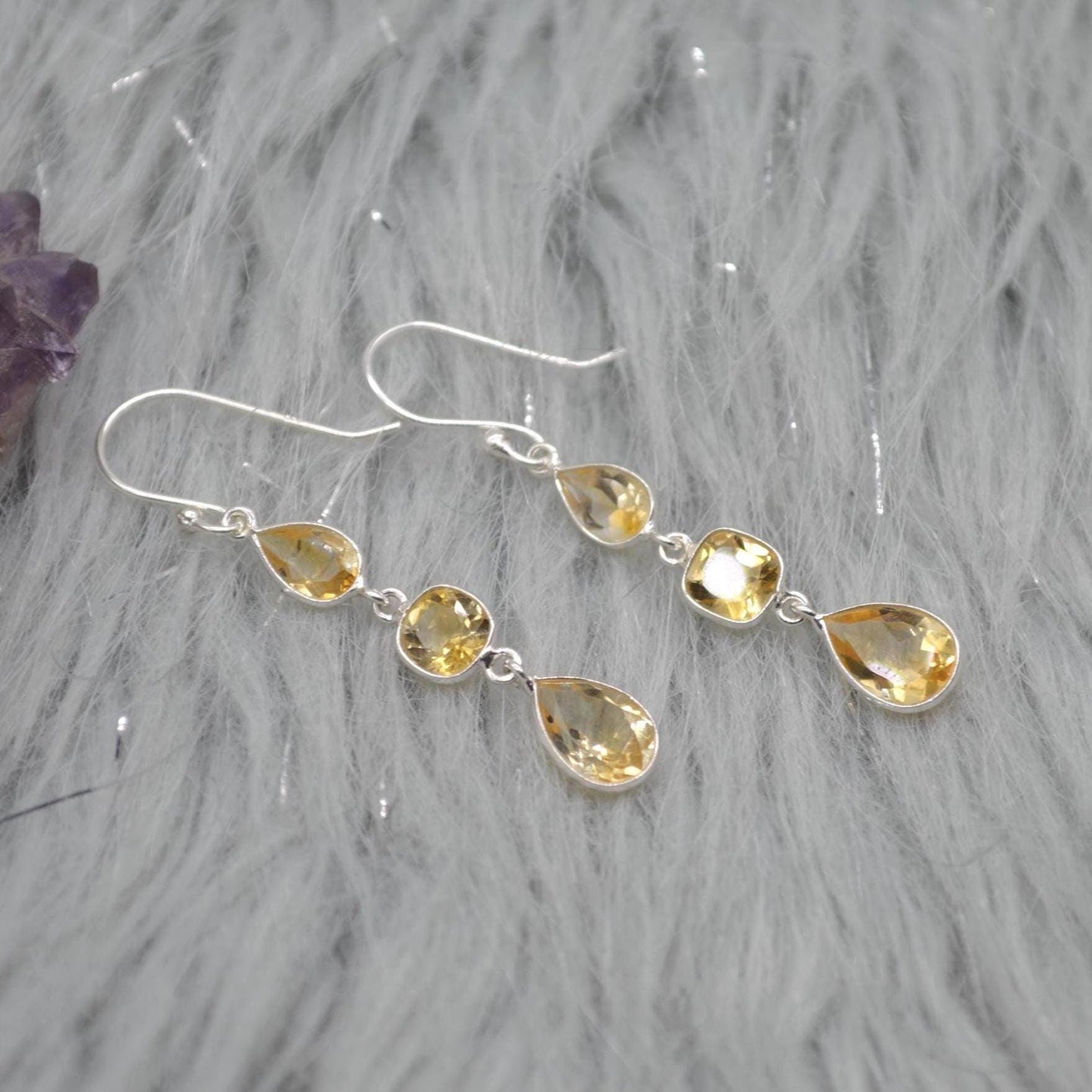 Citrine Teardrop Dangle Earrings: Sterling Silver November Birthstone