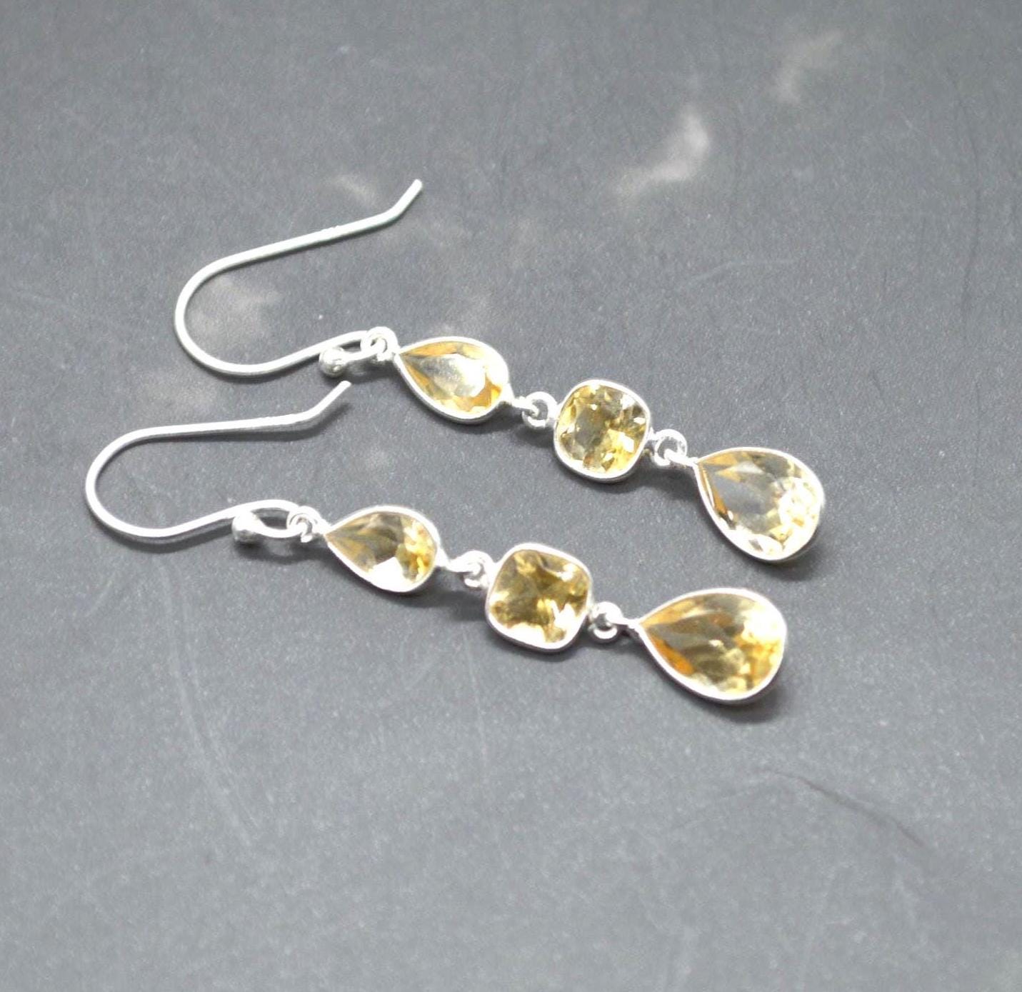 Citrine Teardrop Dangle Earrings: Sterling Silver November Birthstone