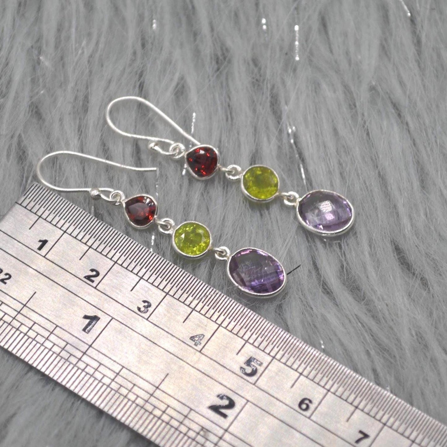 Garnet Peridot Amethyst Earrings: Sterling Silver Dangle Drop Birthstone Jewelry