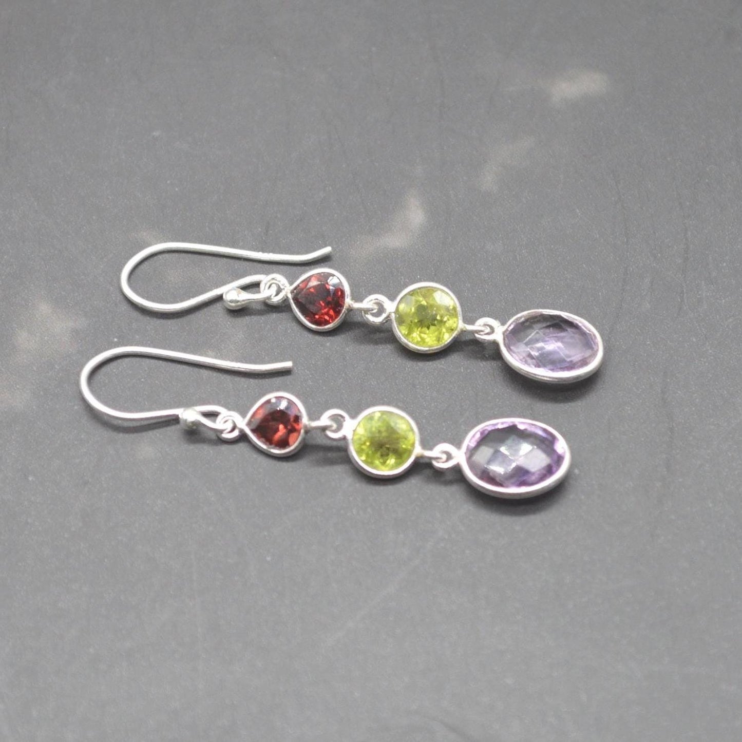 Garnet Peridot Amethyst Earrings: Sterling Silver Dangle Drop Birthstone Jewelry