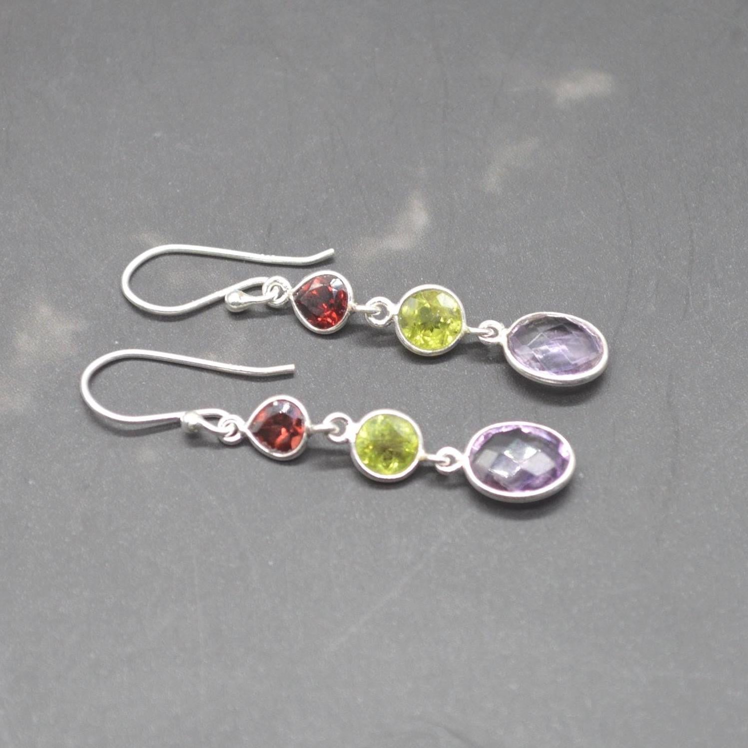 Garnet Peridot Amethyst Earrings: Sterling Silver Dangle Drop Birthstone Jewelry