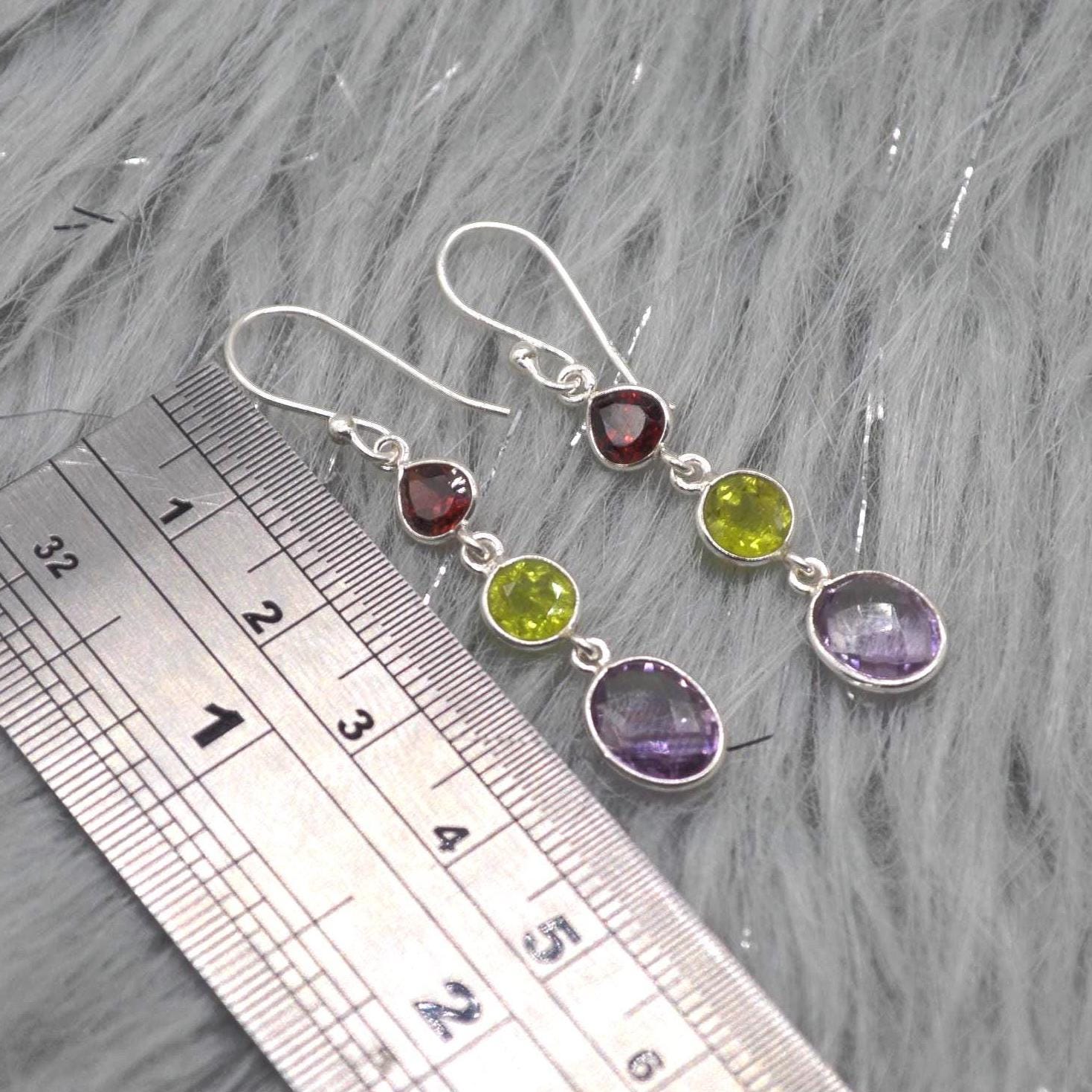 Garnet Peridot Amethyst Earrings: Sterling Silver Dangle Drop Birthstone Jewelry