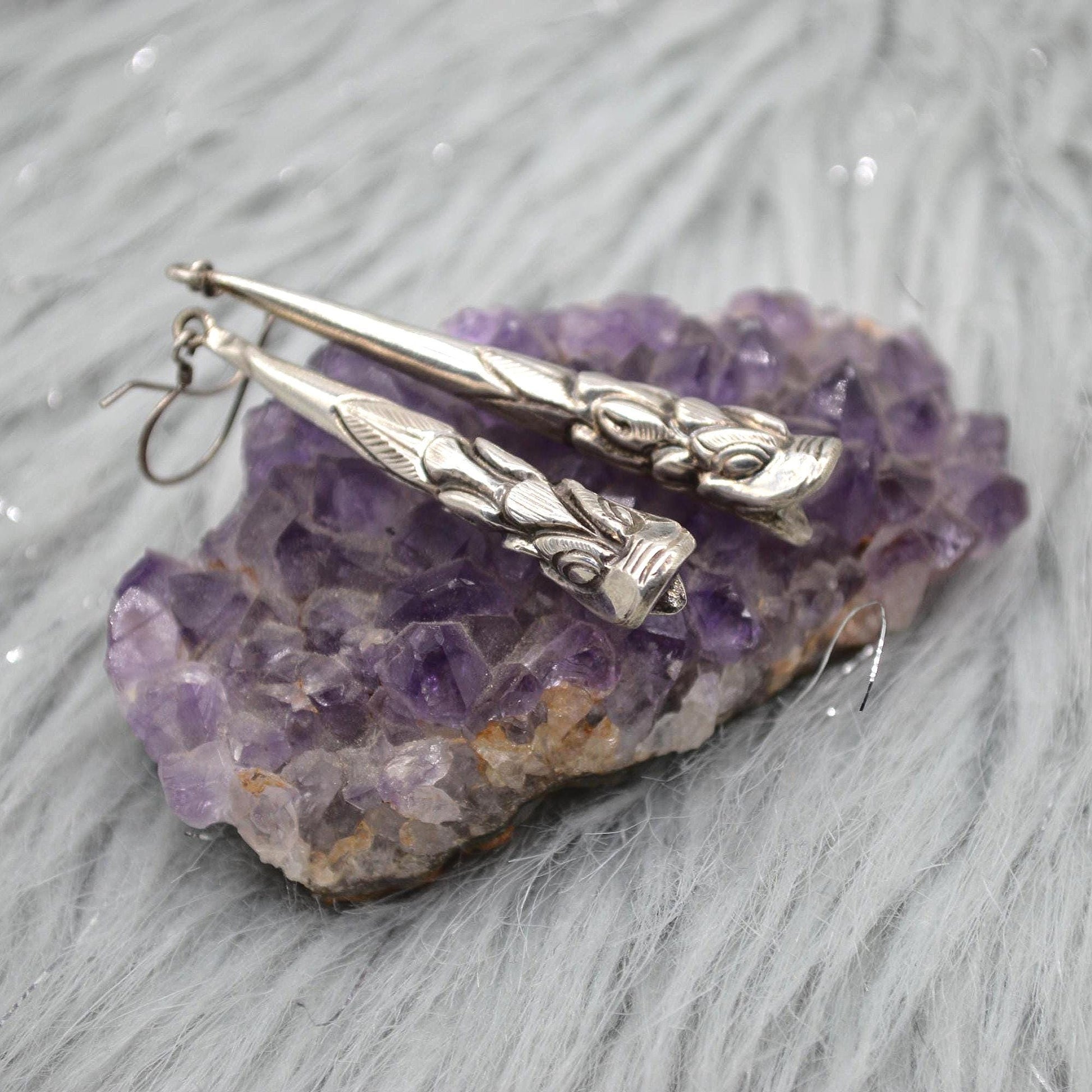 Oxidised Sterling Silver Earrings: Dragon Fish, Handmade Nepali Jewelry