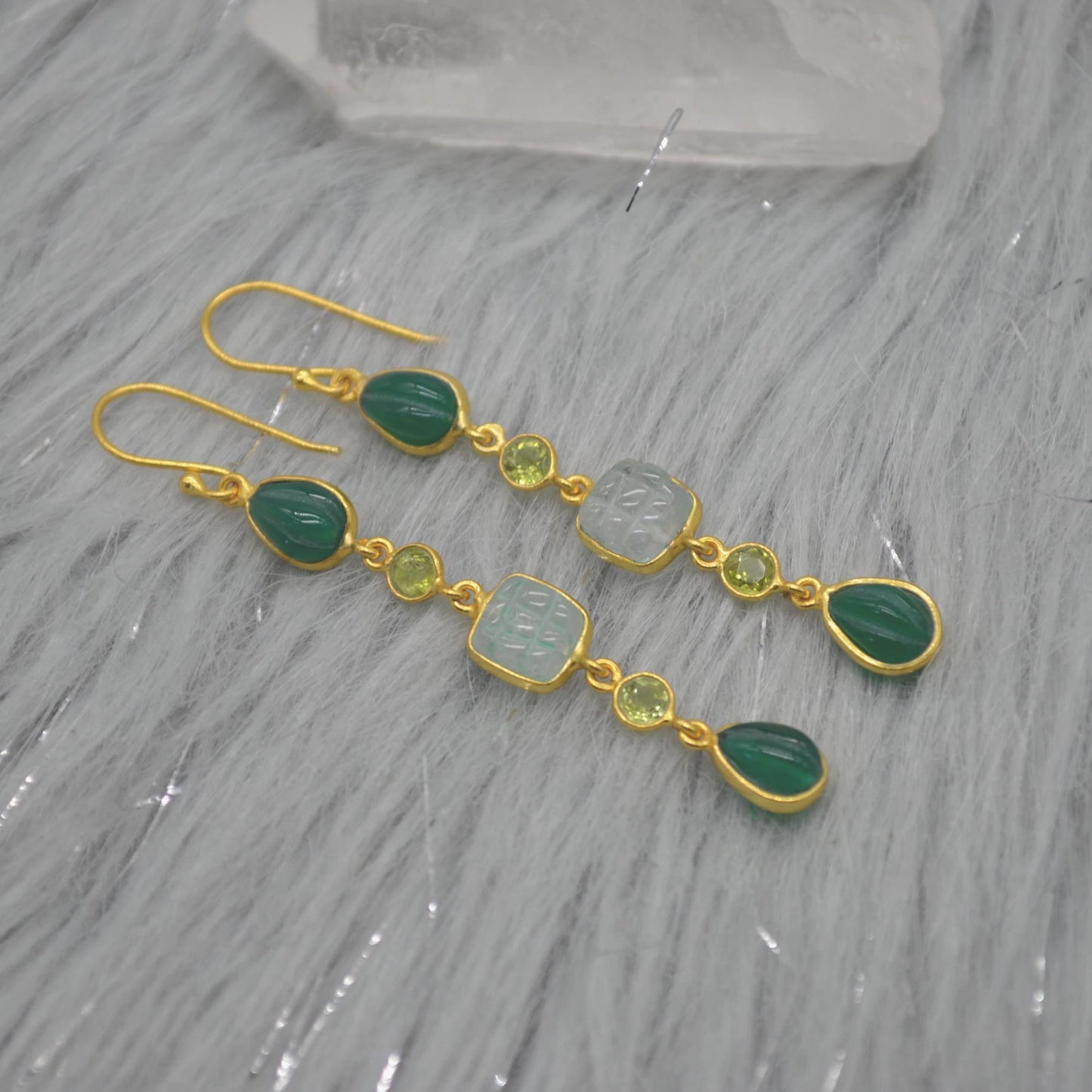 Green Onyx Jade Dangle Drop Gold Earrings: Sterling Silver, Long Green Gemstone Jewelry