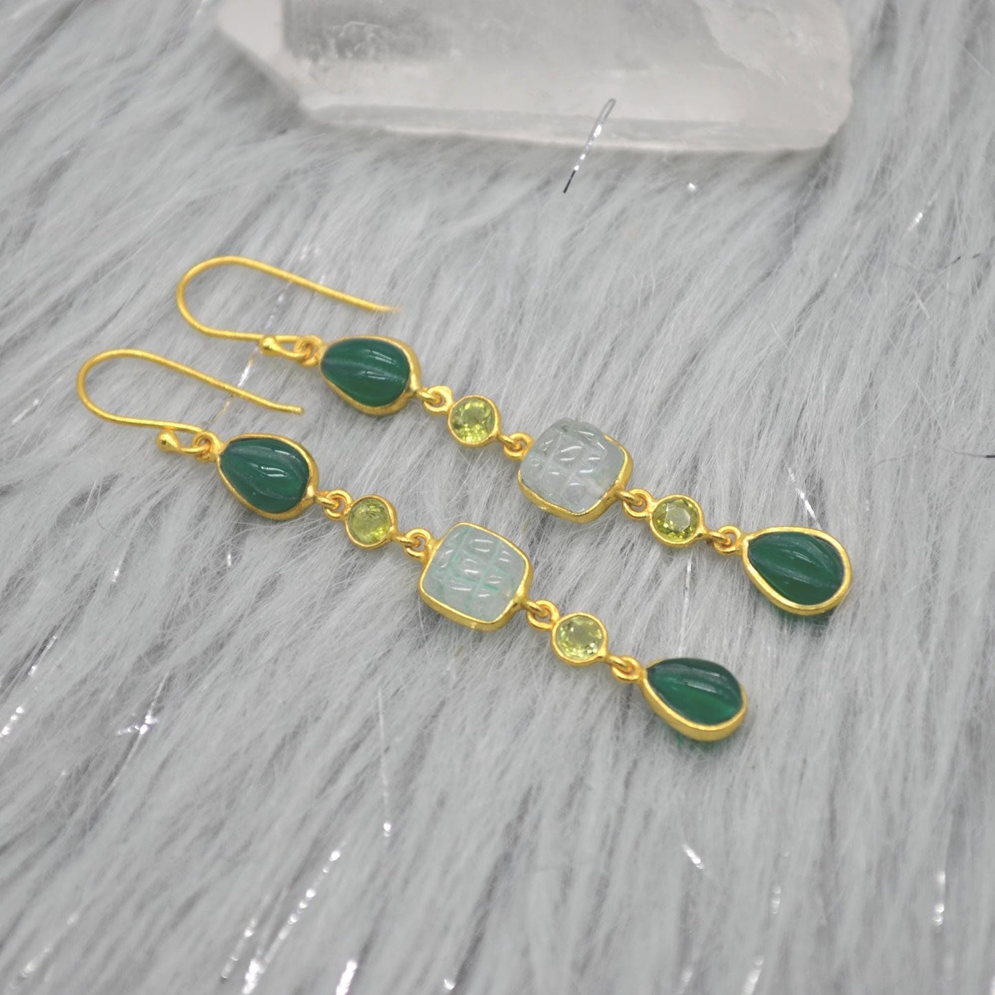 Green Onyx Jade Dangle Drop Gold Earrings: Sterling Silver, Long Green Gemstone Jewelry
