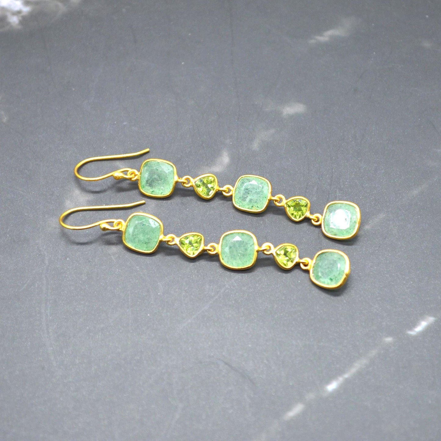 Peridot Green Jade Silver Dangle Earrings: August Birthstone, Gold Plated, Long Gemstone Drop Jewelry