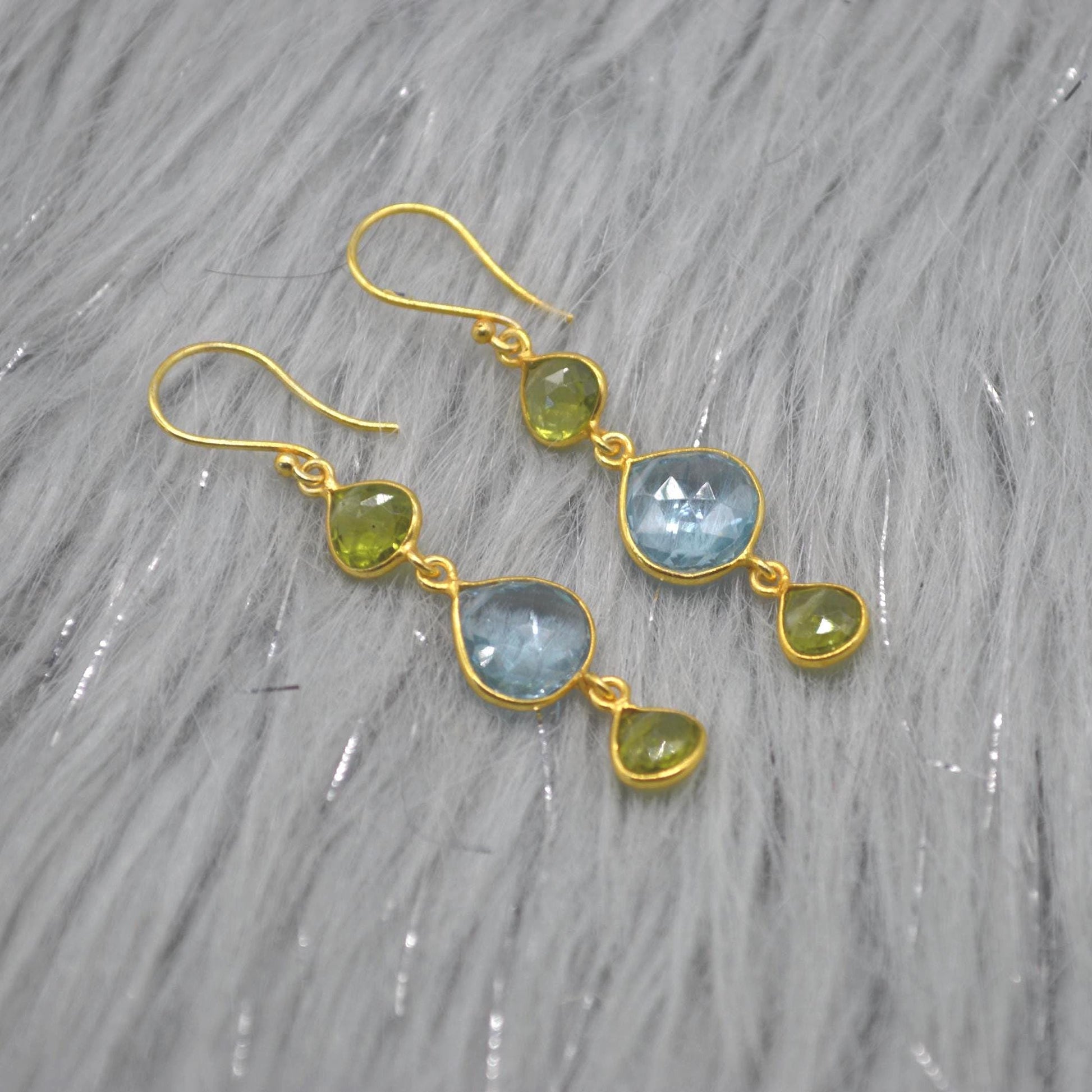 Peridot Blue Topaz Gold Earrings: Sterling Silver, August December Birthstone, Gemstone Dangle Drops