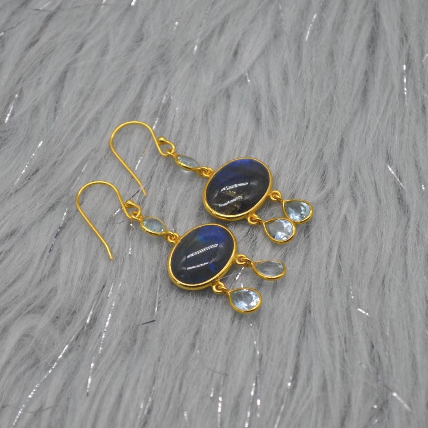 Labradorite Blue Topaz Earrings: Sterling Silver, Dangle Drop, Oval Gemstone Jewelry, December Birthstone