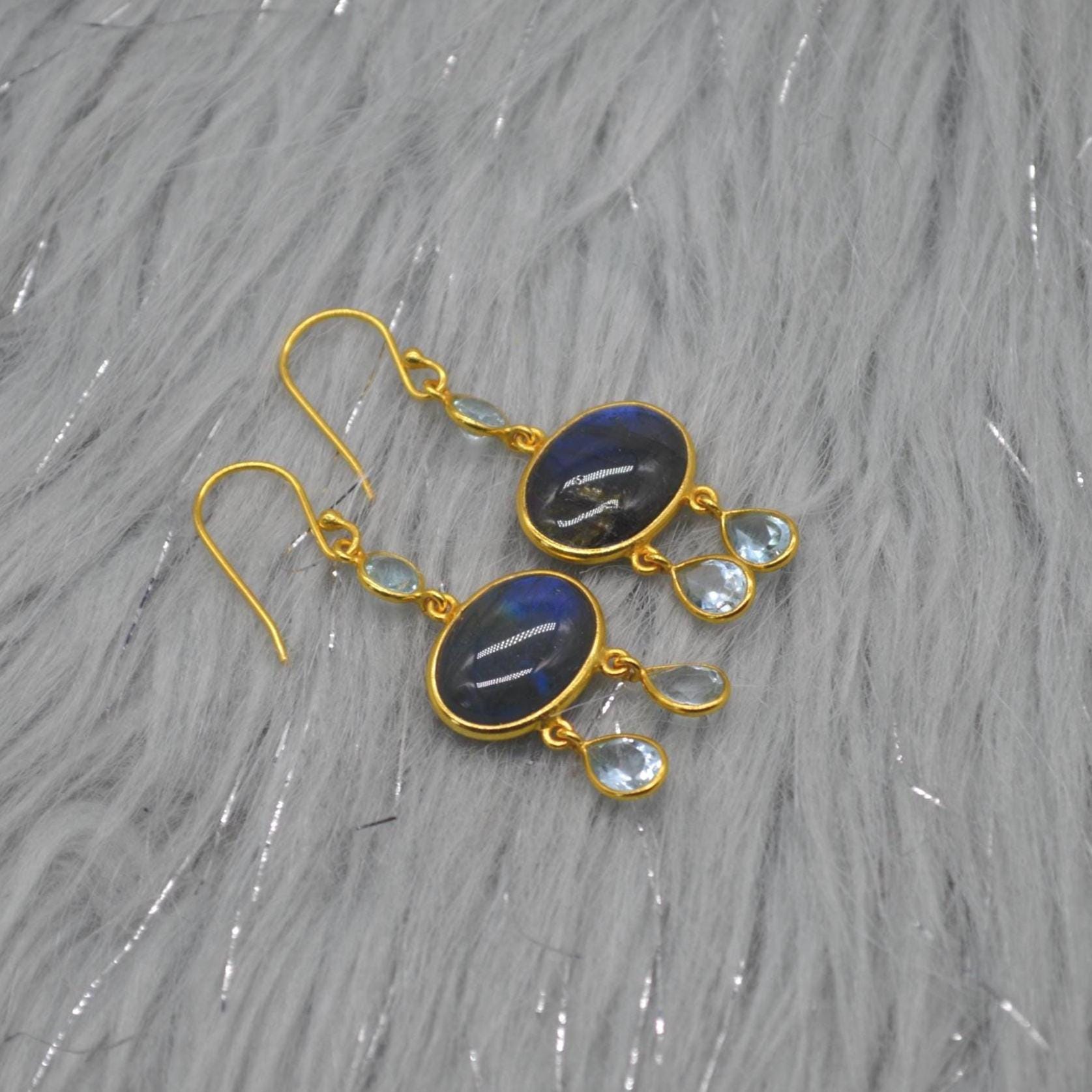 Labradorite Blue Topaz Earrings: Sterling Silver, Dangle Drop, Oval Gemstone Jewelry, December Birthstone