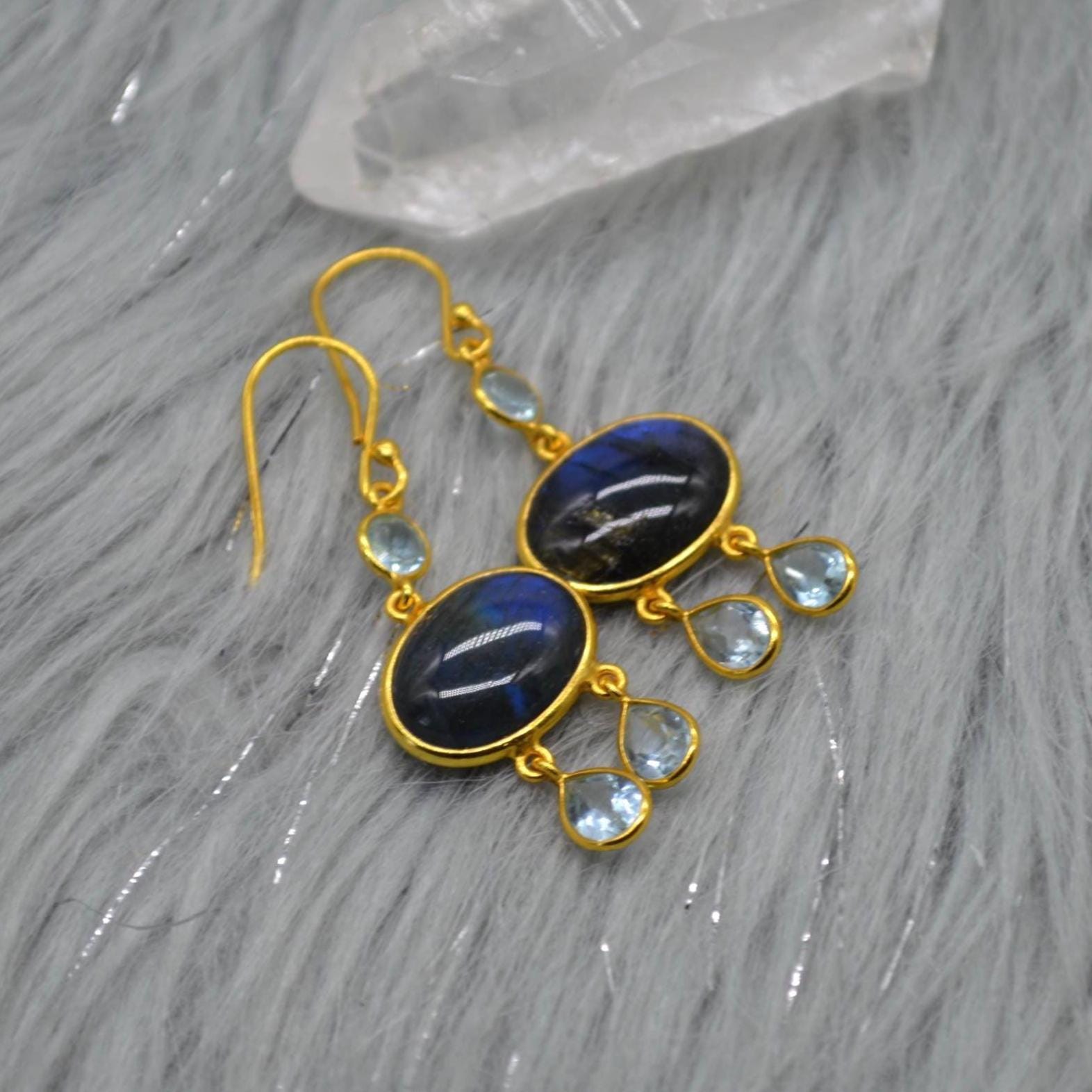 Labradorite Blue Topaz Earrings: Sterling Silver, Dangle Drop, Oval Gemstone Jewelry, December Birthstone