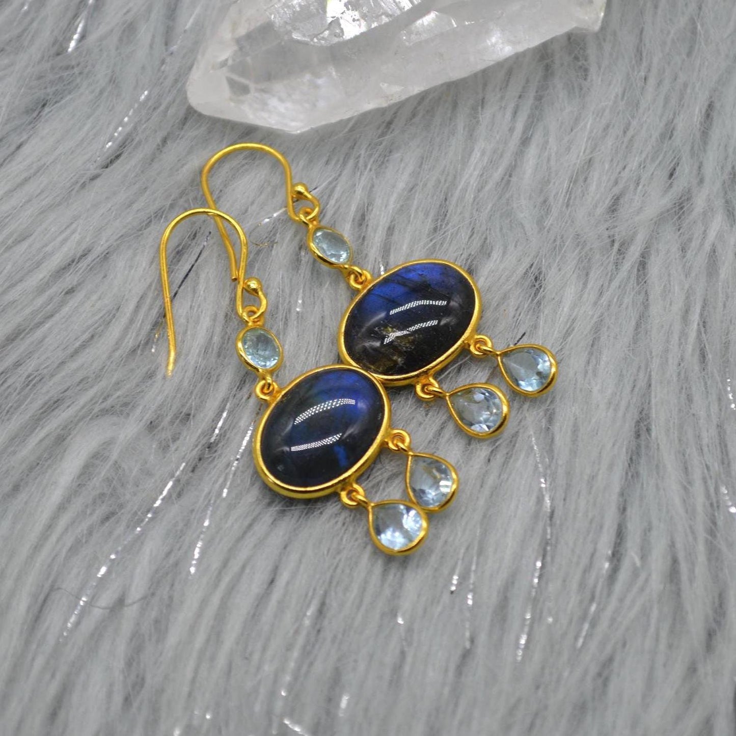 Labradorite Blue Topaz Earrings: Sterling Silver, Dangle Drop, Oval Gemstone Jewelry, December Birthstone