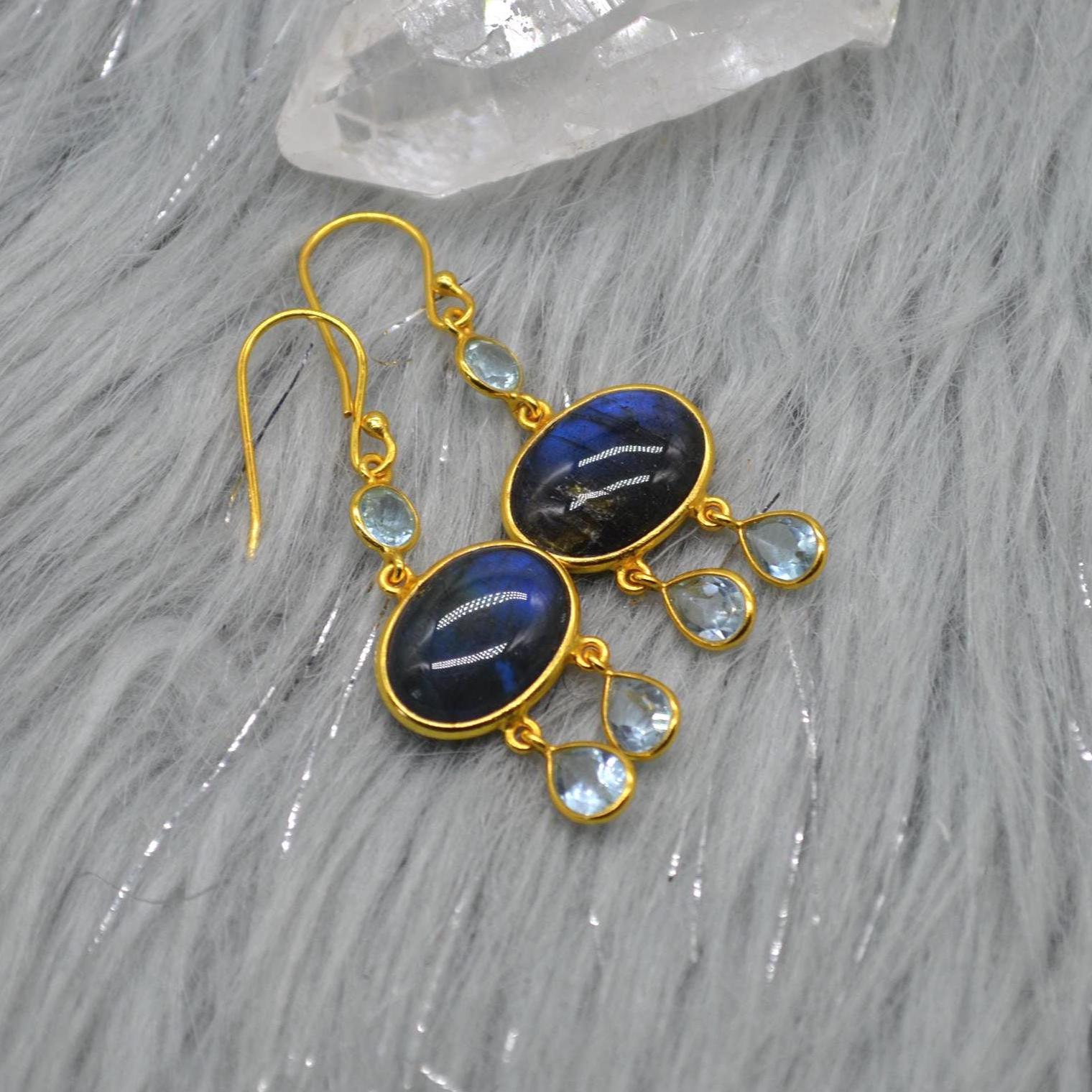 Labradorite Blue Topaz Earrings: Sterling Silver, Dangle Drop, Oval Gemstone Jewelry, December Birthstone