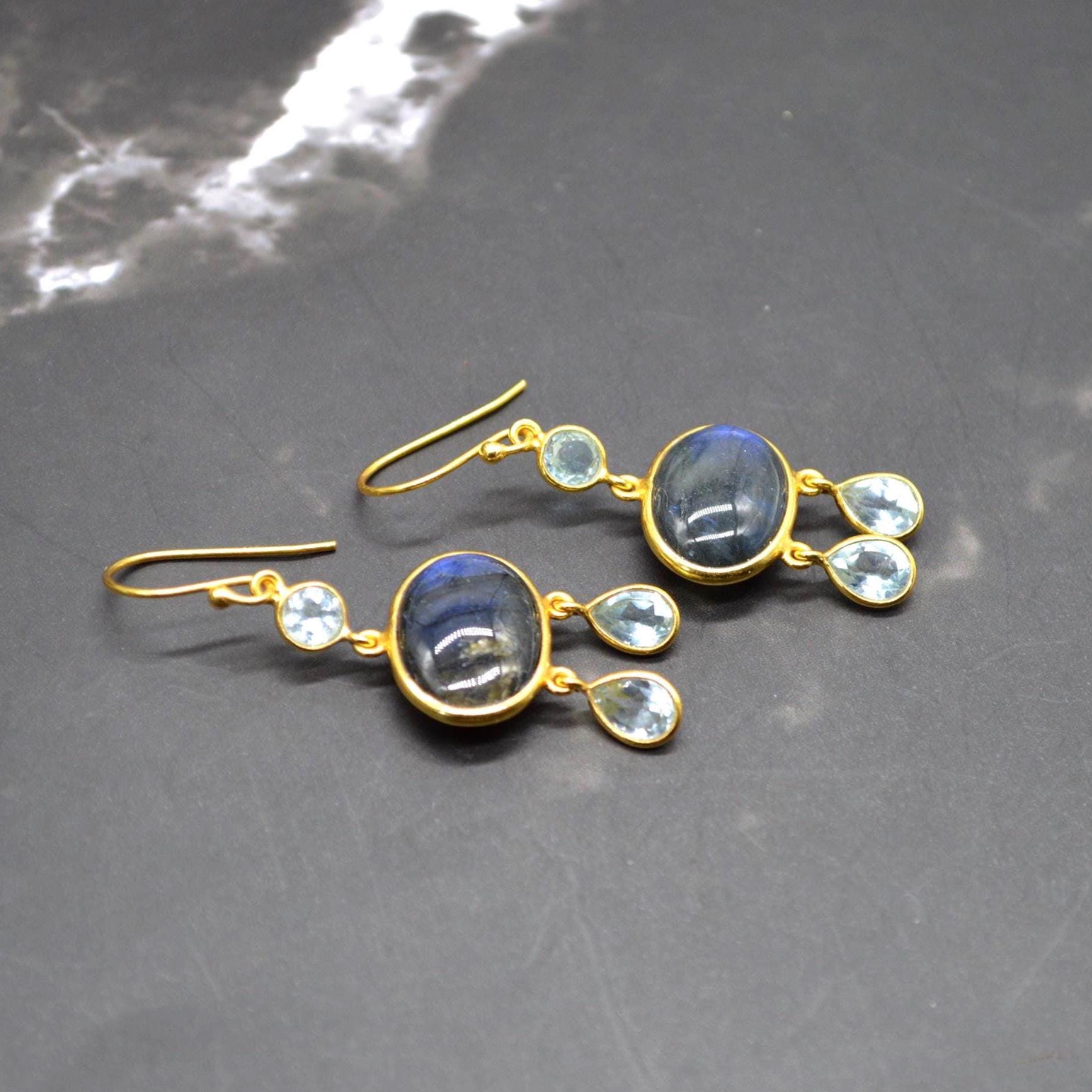 Labradorite Blue Topaz Earrings: Sterling Silver, Dangle Drop, Oval Gemstone Jewelry, December Birthstone