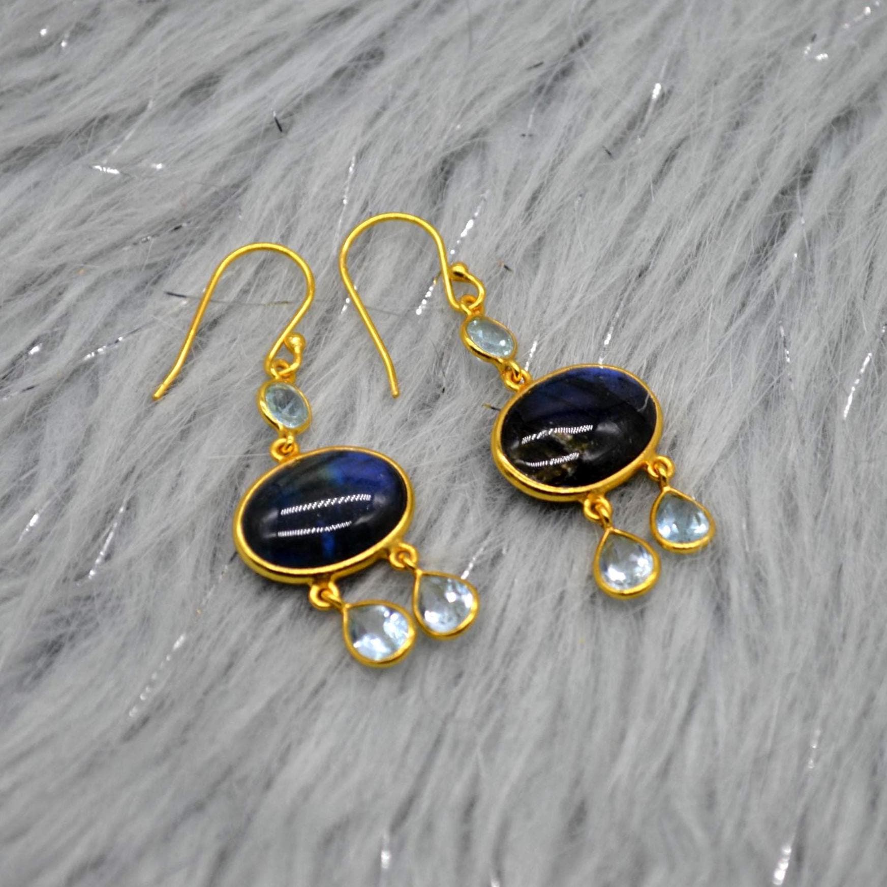 Labradorite Blue Topaz Earrings: Sterling Silver, Dangle Drop, Oval Gemstone Jewelry, December Birthstone