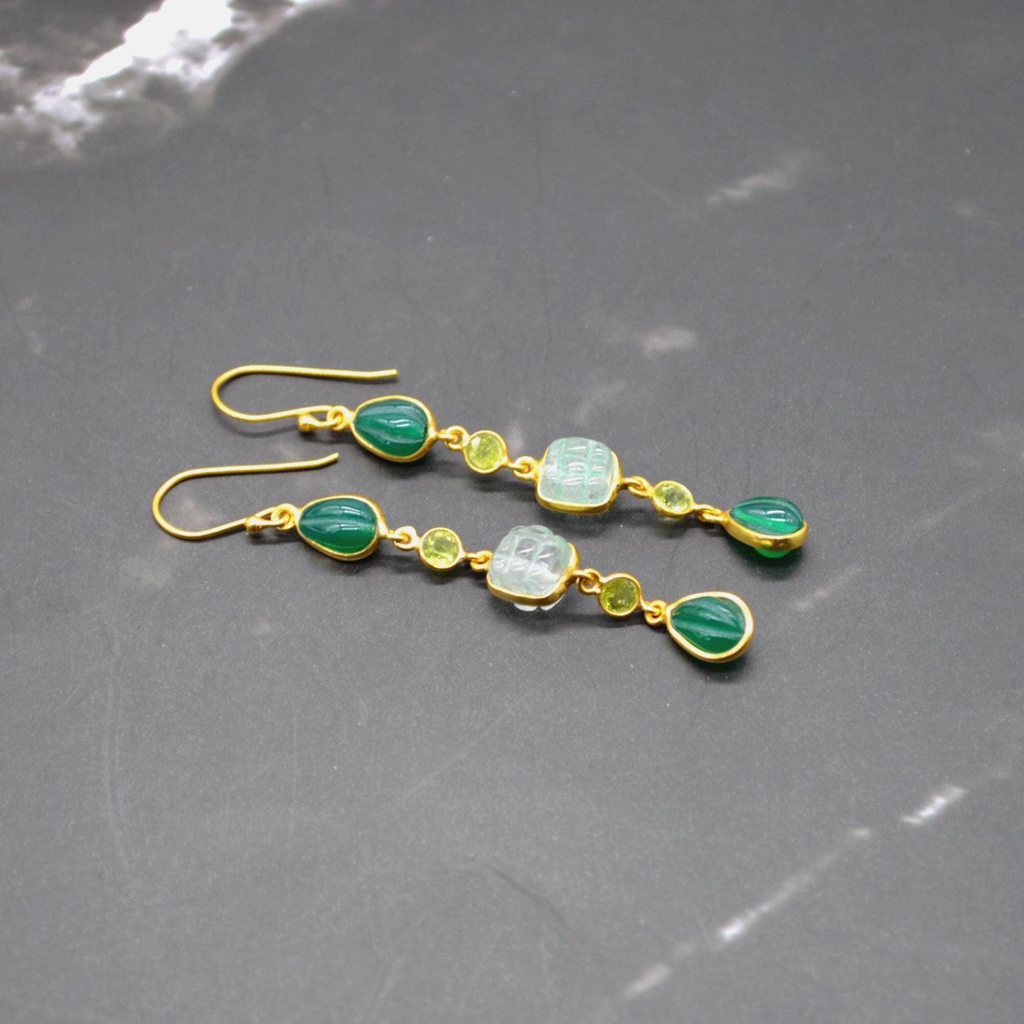 Green Onyx Jade Dangle Drop Gold Earrings: Sterling Silver, Long Green Gemstone Jewelry