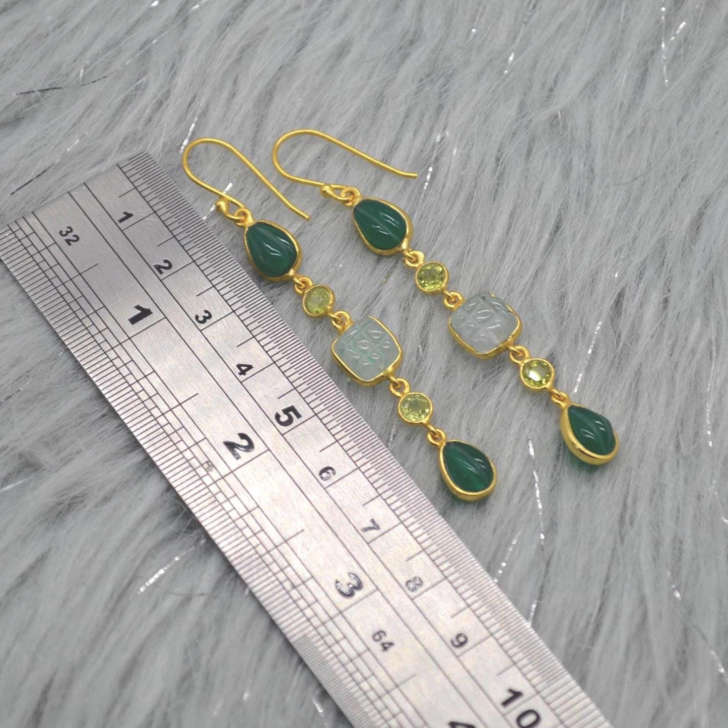 Green Onyx Jade Dangle Drop Gold Earrings: Sterling Silver, Long Green Gemstone Jewelry