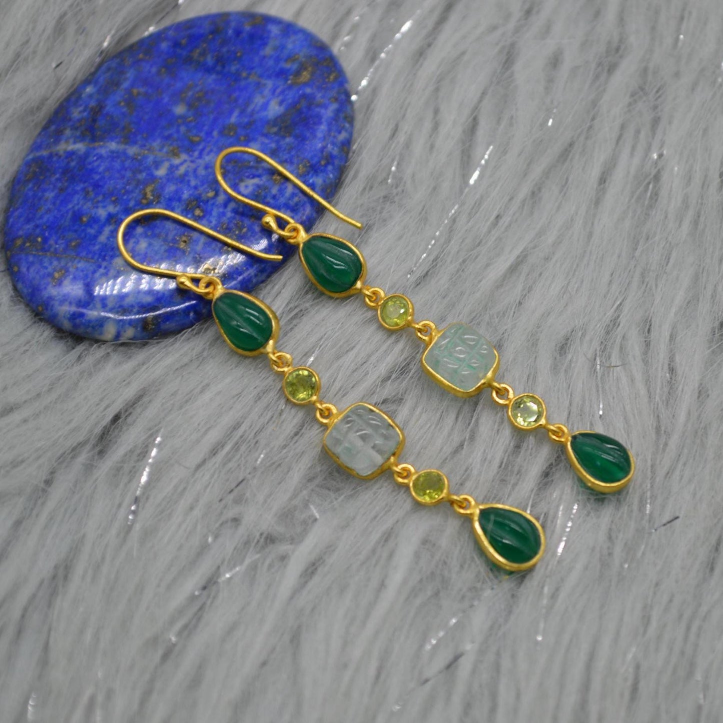 Green Onyx Jade Dangle Drop Gold Earrings: Sterling Silver, Long Green Gemstone Jewelry
