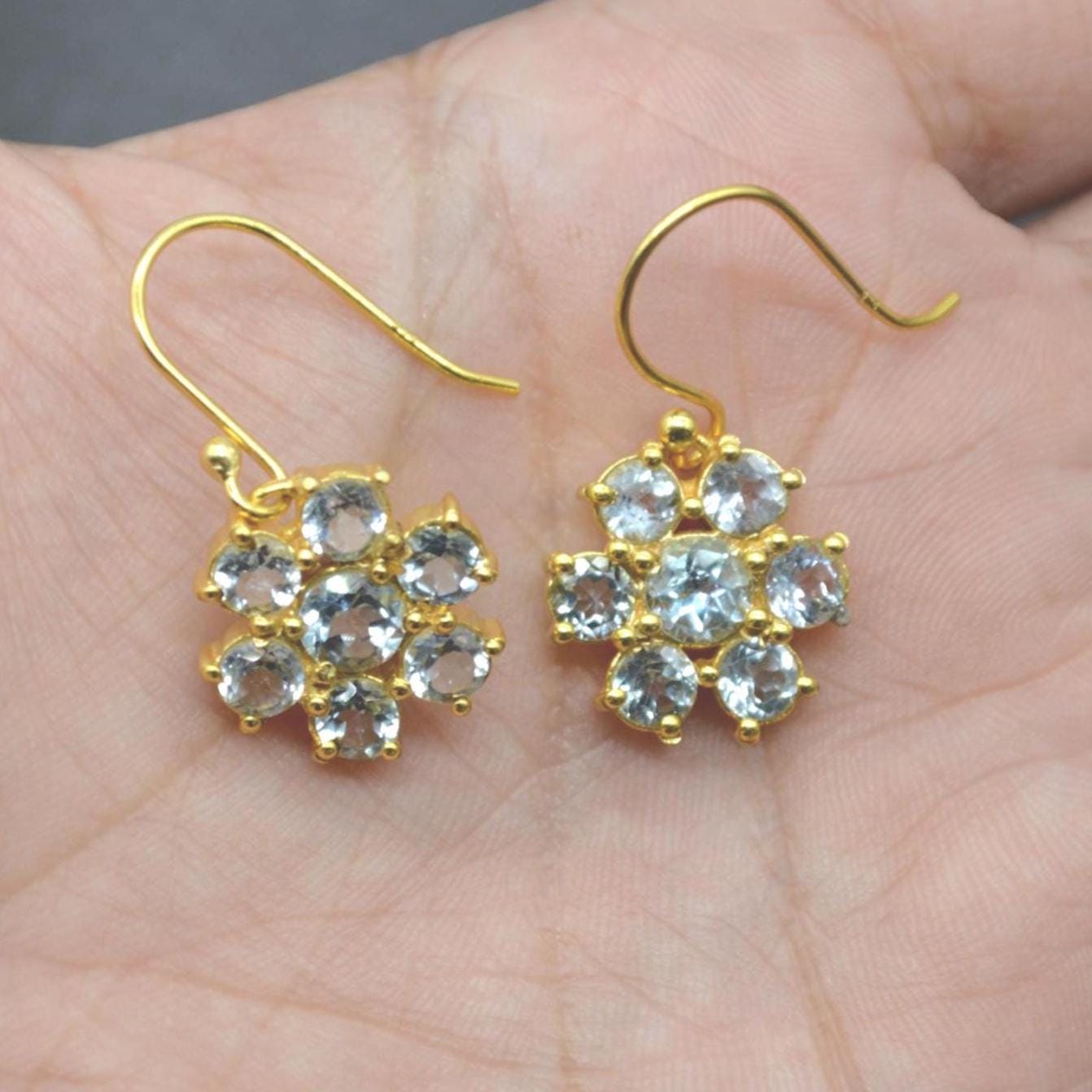 Blue Topaz Dangle Earrings: Sterling Silver Floral Drops, December Birthstone