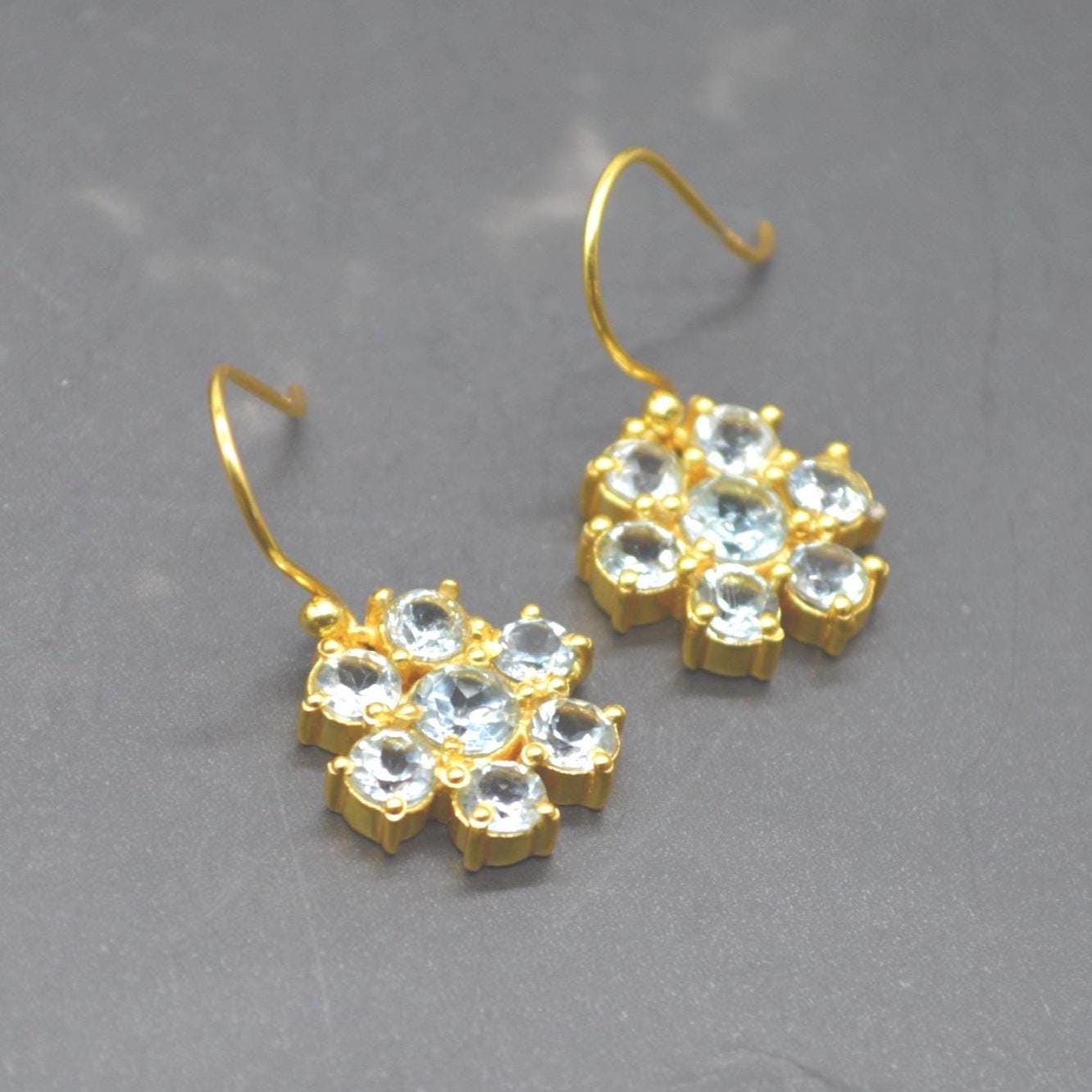 Blue Topaz Dangle Earrings: Sterling Silver Floral Drops, December Birthstone