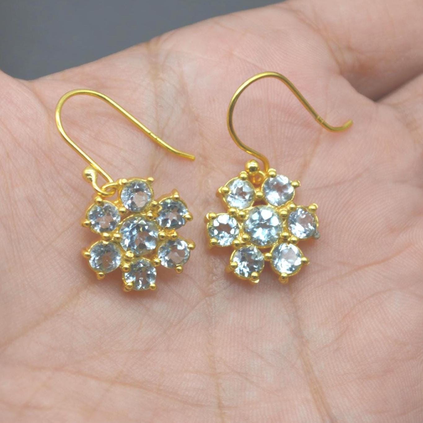 Blue Topaz Dangle Earrings: Sterling Silver Floral Drops, December Birthstone