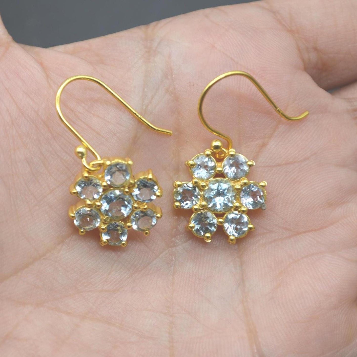 Blue Topaz Dangle Earrings: Sterling Silver Floral Drops, December Birthstone