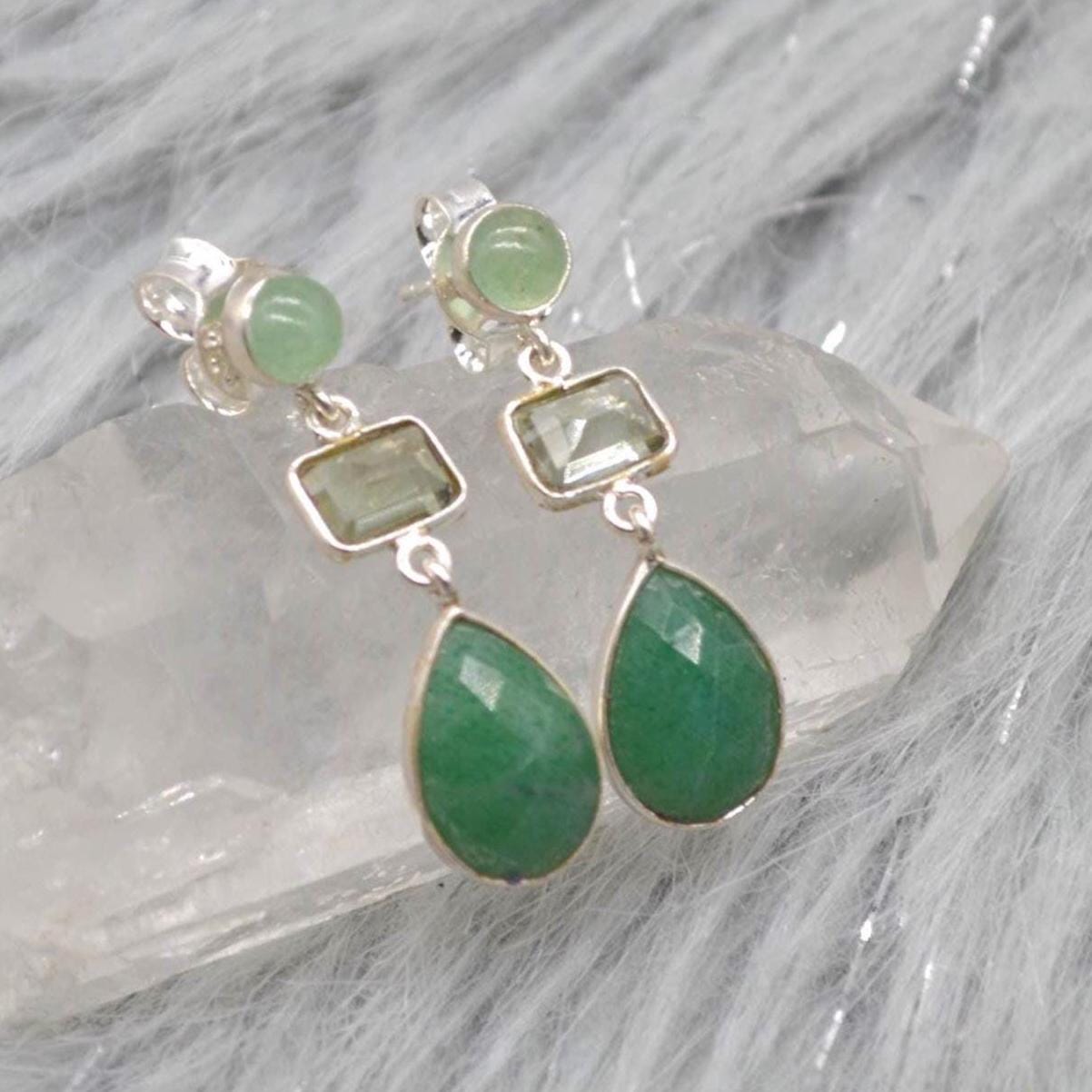Green Amethyst Drop Earrings: Sterling Silver Sillimanite Aventurine, February Birthstone