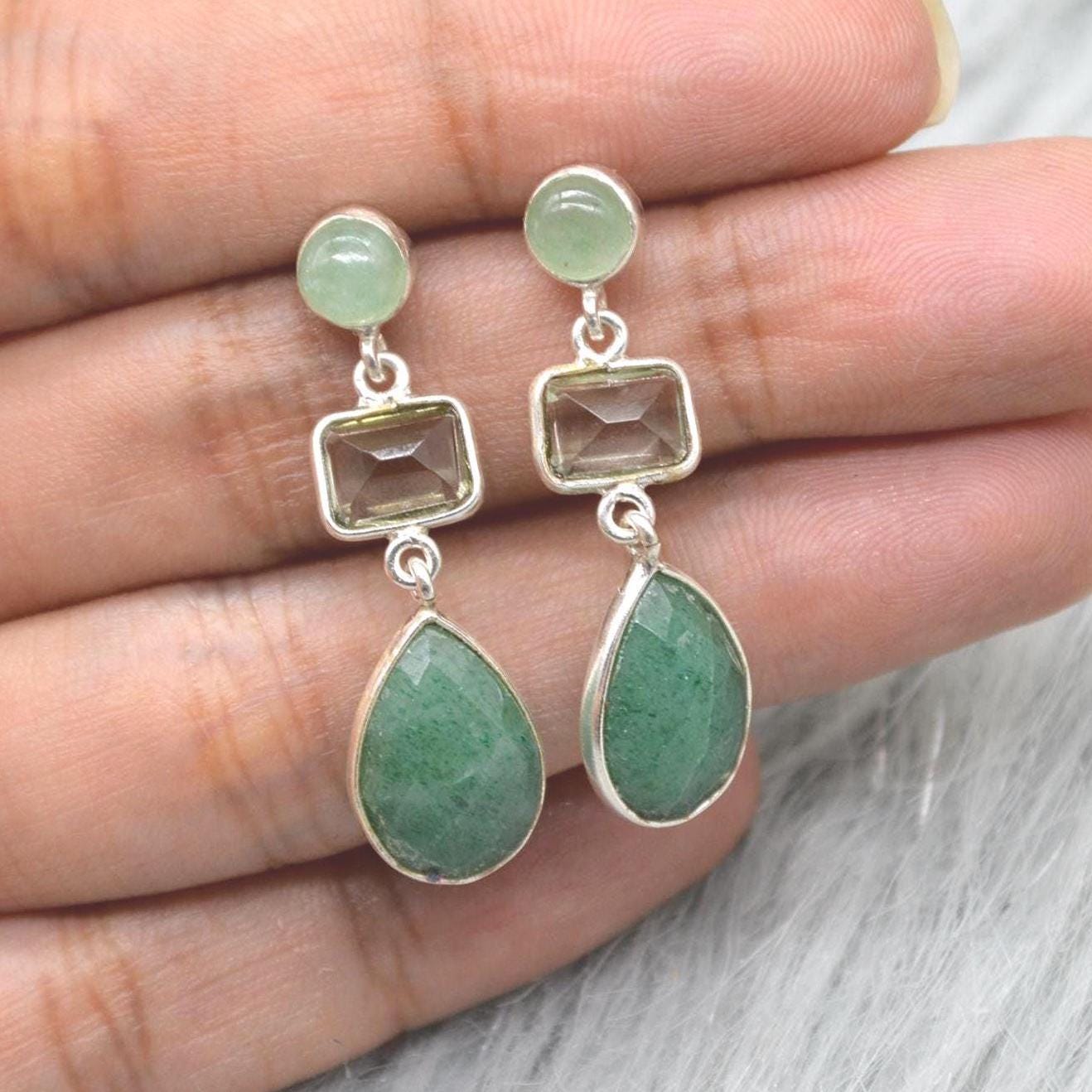 Green Amethyst Drop Earrings: Sterling Silver Sillimanite Aventurine, February Birthstone