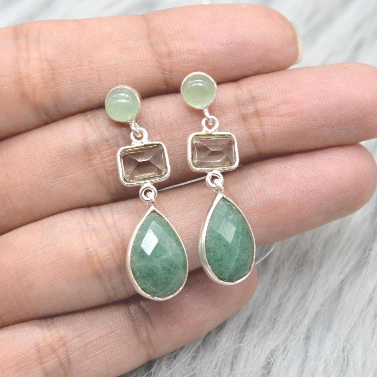 Green Amethyst Drop Earrings: Sterling Silver Sillimanite Aventurine, February Birthstone