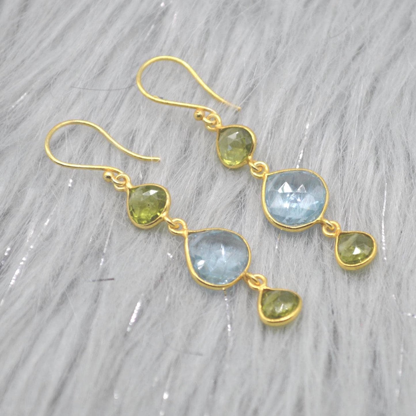 Peridot Blue Topaz Gold Earrings: Sterling Silver, August December Birthstone, Gemstone Dangle Drops