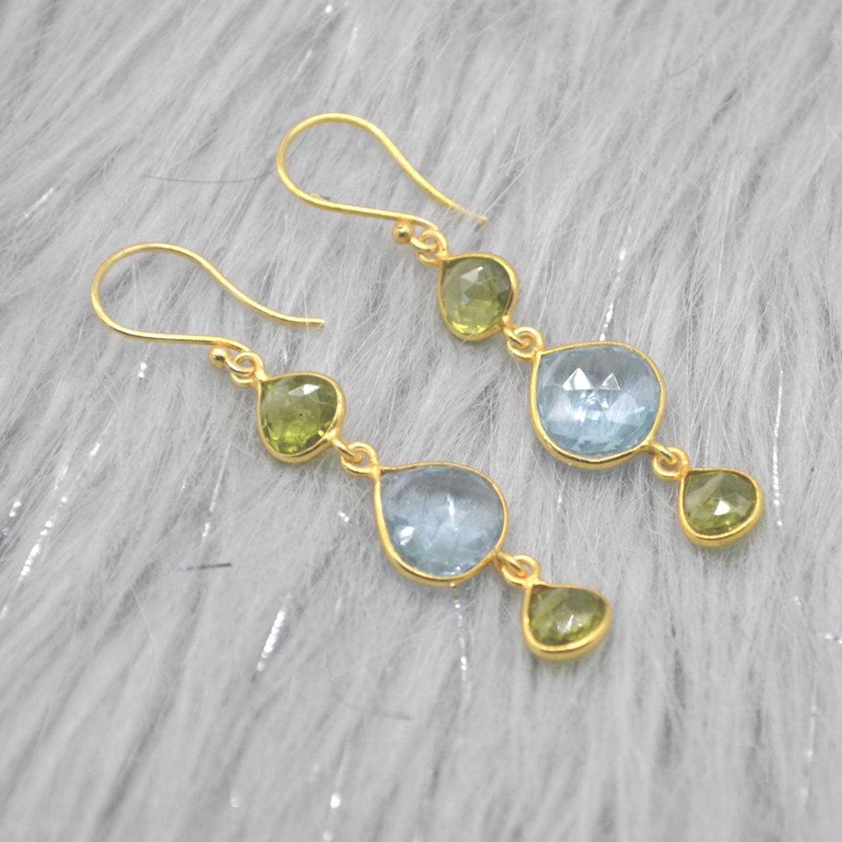 Peridot Blue Topaz Gold Earrings: Sterling Silver, August December Birthstone, Gemstone Dangle Drops