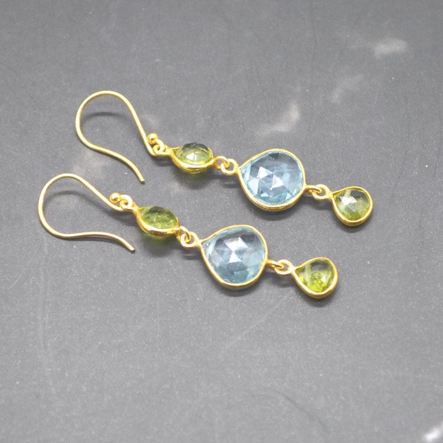 Peridot Blue Topaz Gold Earrings: Sterling Silver, August December Birthstone, Gemstone Dangle Drops