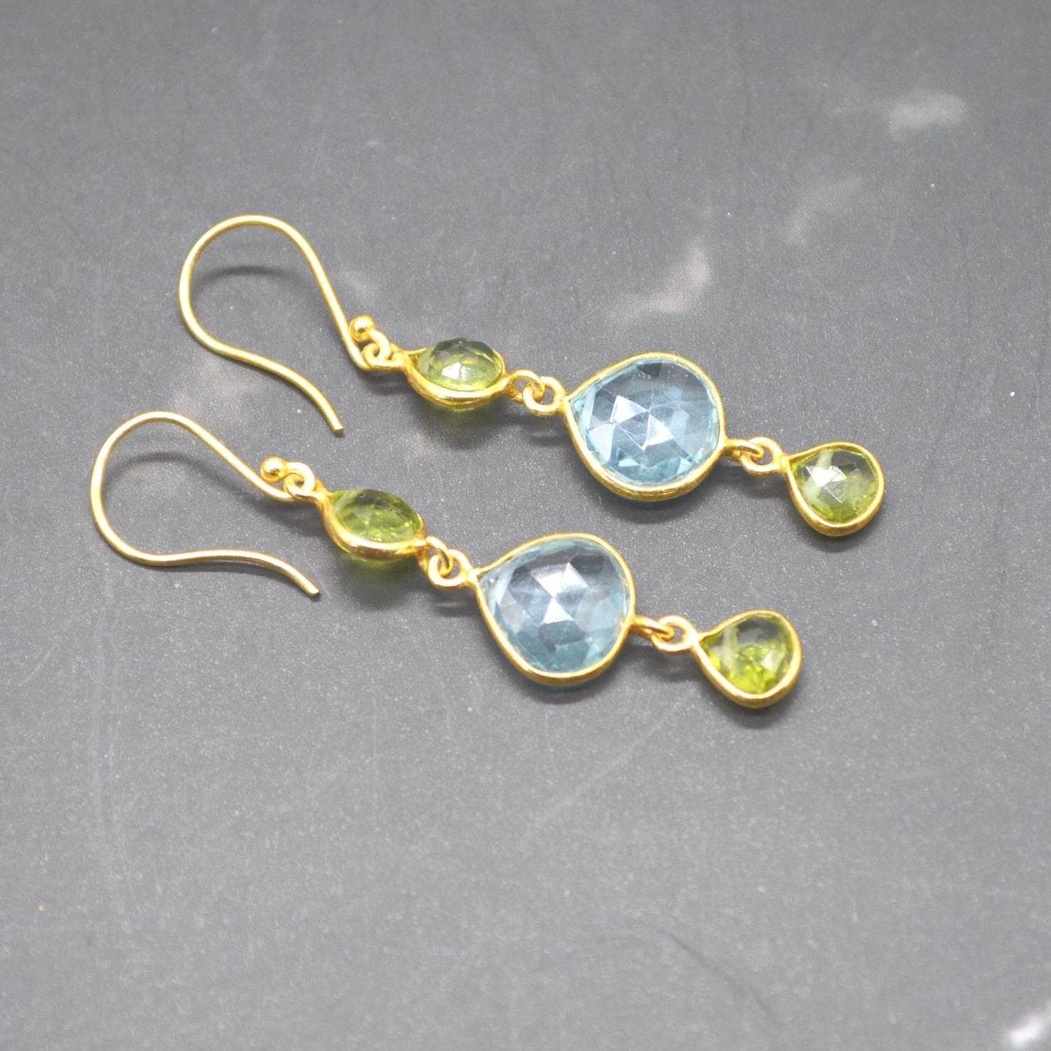Peridot Blue Topaz Gold Earrings: Sterling Silver, August December Birthstone, Gemstone Dangle Drops