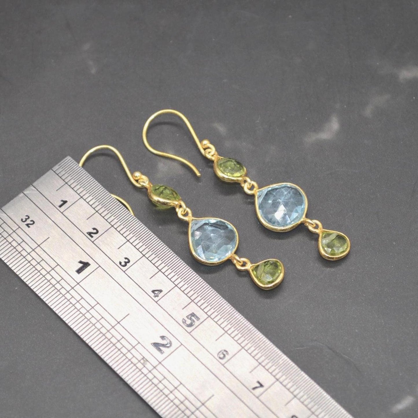 Peridot Blue Topaz Gold Earrings: Sterling Silver, August December Birthstone, Gemstone Dangle Drops