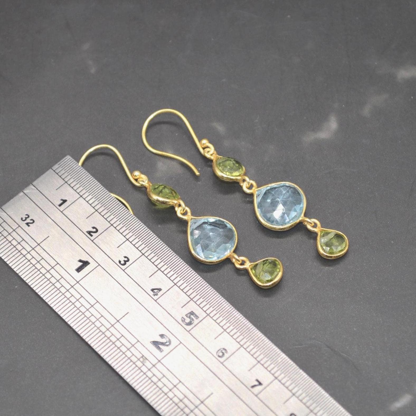 Peridot Blue Topaz Gold Earrings: Sterling Silver, August December Birthstone, Gemstone Dangle Drops