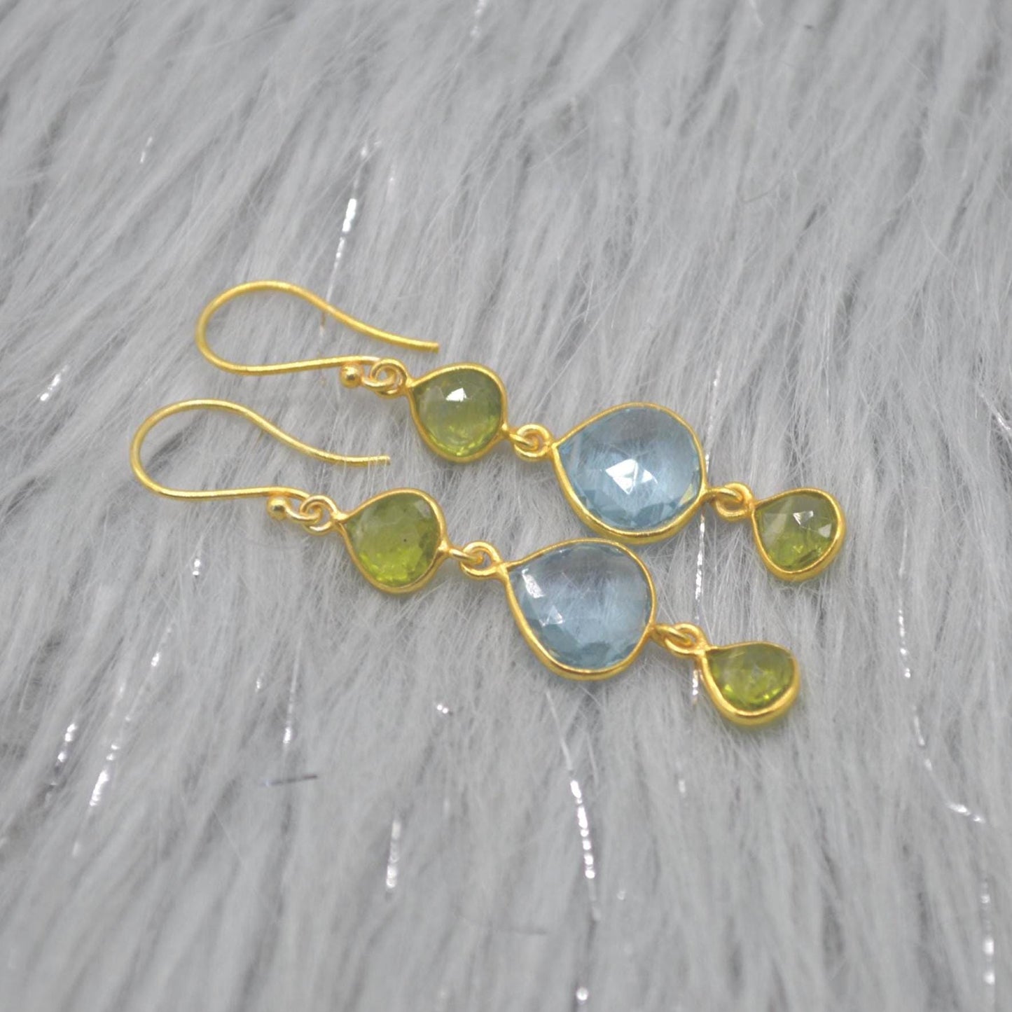 Peridot Blue Topaz Gold Earrings: Sterling Silver, August December Birthstone, Gemstone Dangle Drops