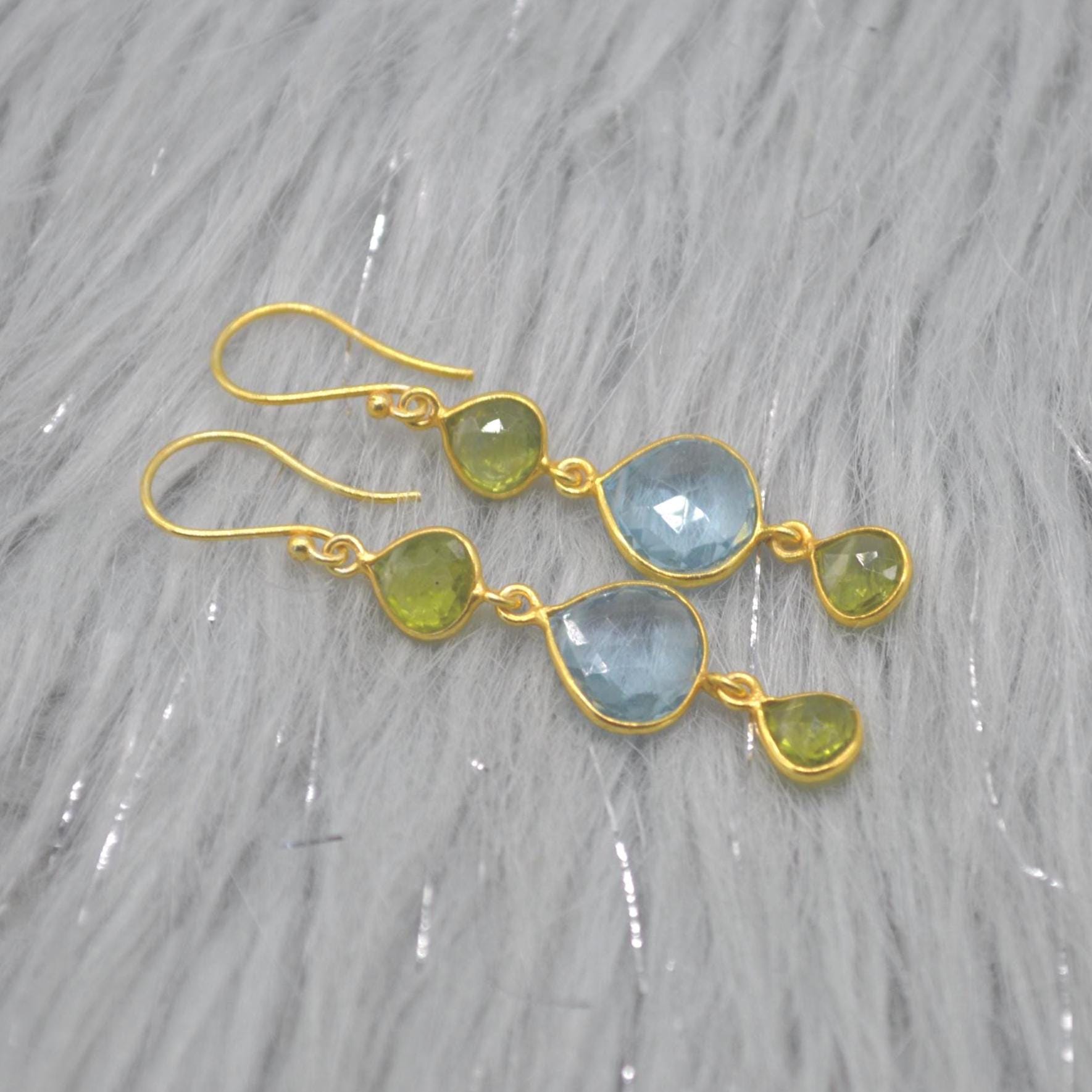 Peridot Blue Topaz Gold Earrings: Sterling Silver, August December Birthstone, Gemstone Dangle Drops