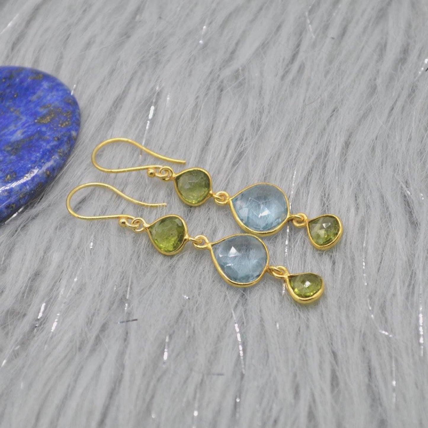 Peridot Blue Topaz Gold Earrings: Sterling Silver, August December Birthstone, Gemstone Dangle Drops