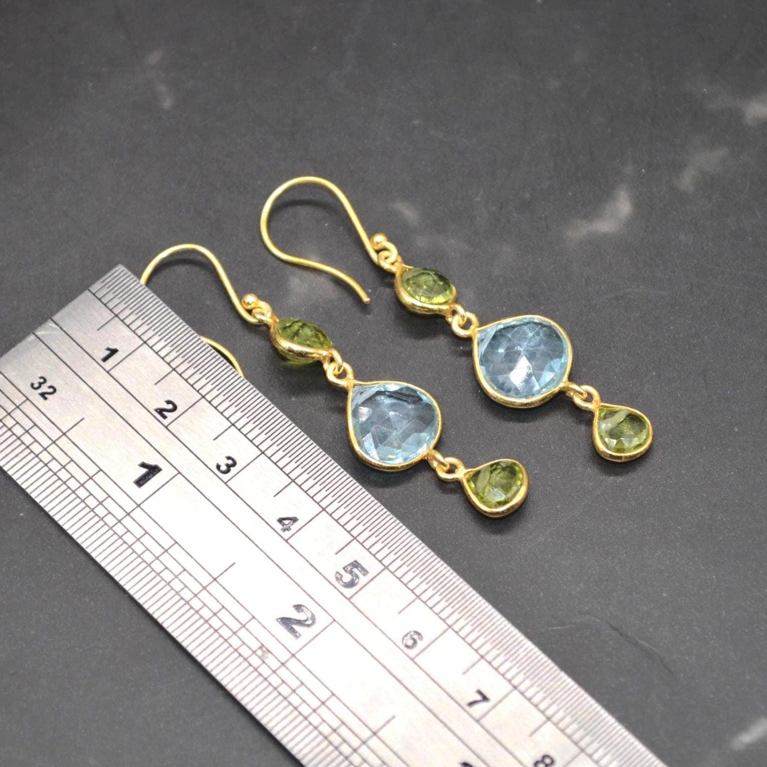 Peridot Blue Topaz Gold Earrings: Sterling Silver, August December Birthstone, Gemstone Dangle Drops