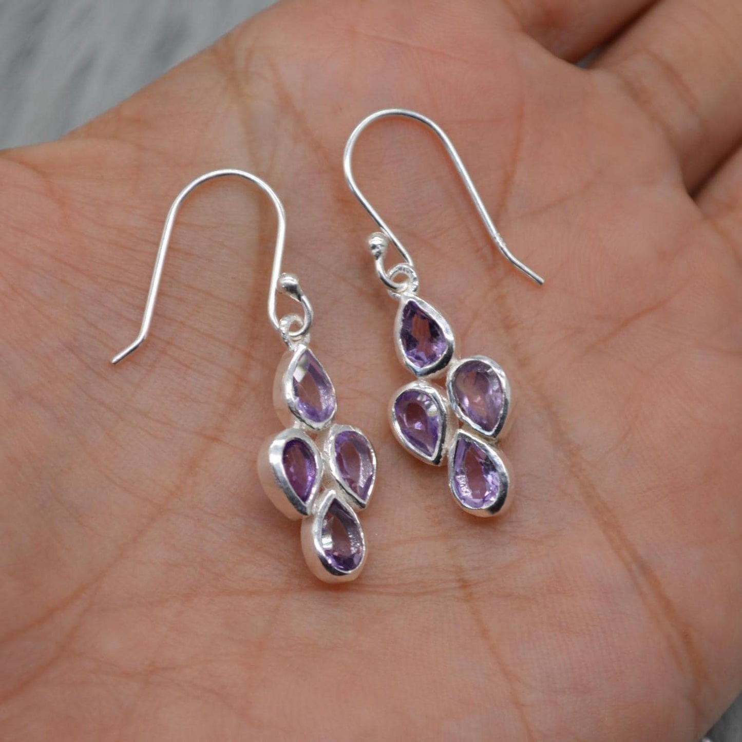 Amethyst Sterling Silver Drop Earrings: February Birthstone, Purple Gemstone Floral Jewelry