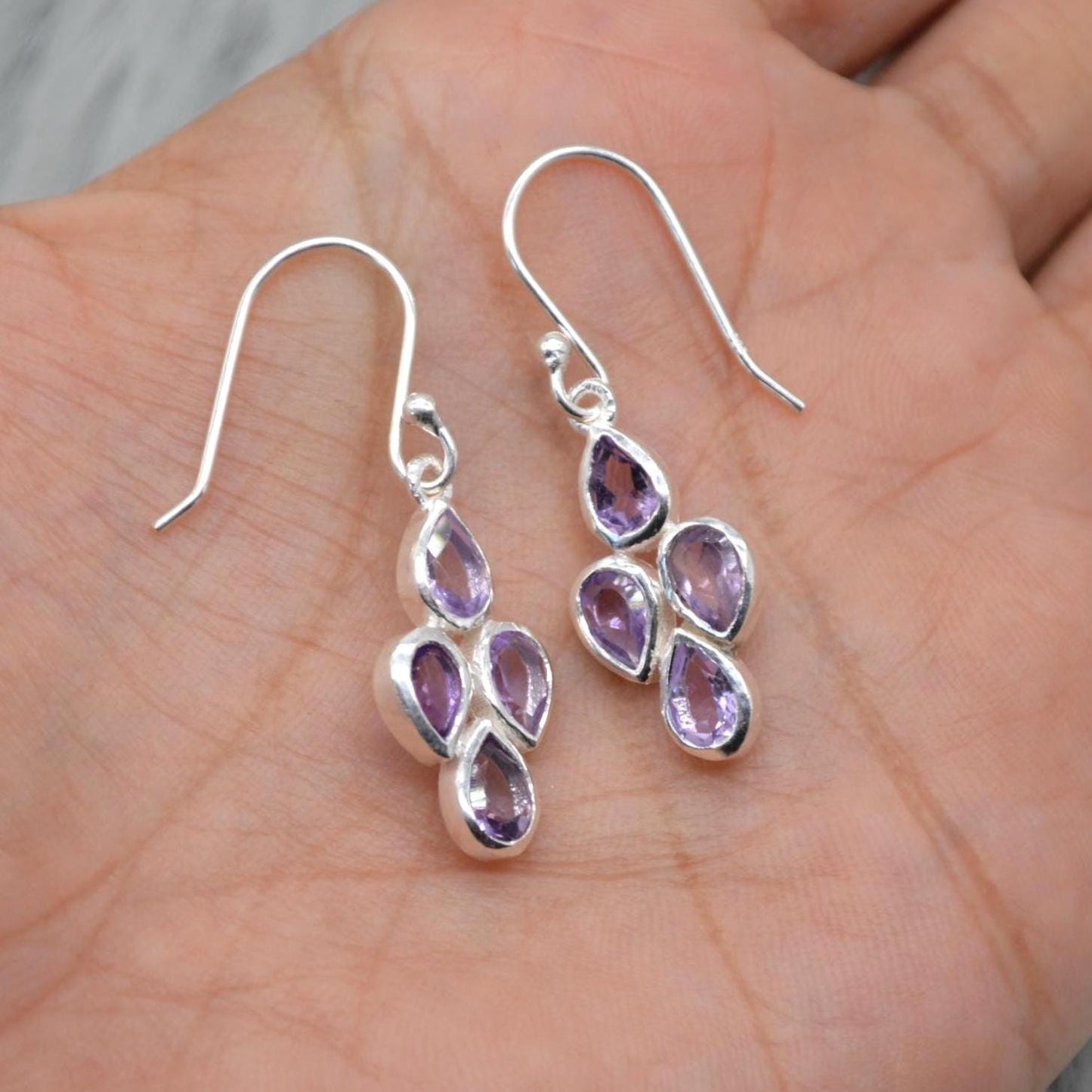 Amethyst Sterling Silver Drop Earrings: February Birthstone, Purple Gemstone Floral Jewelry