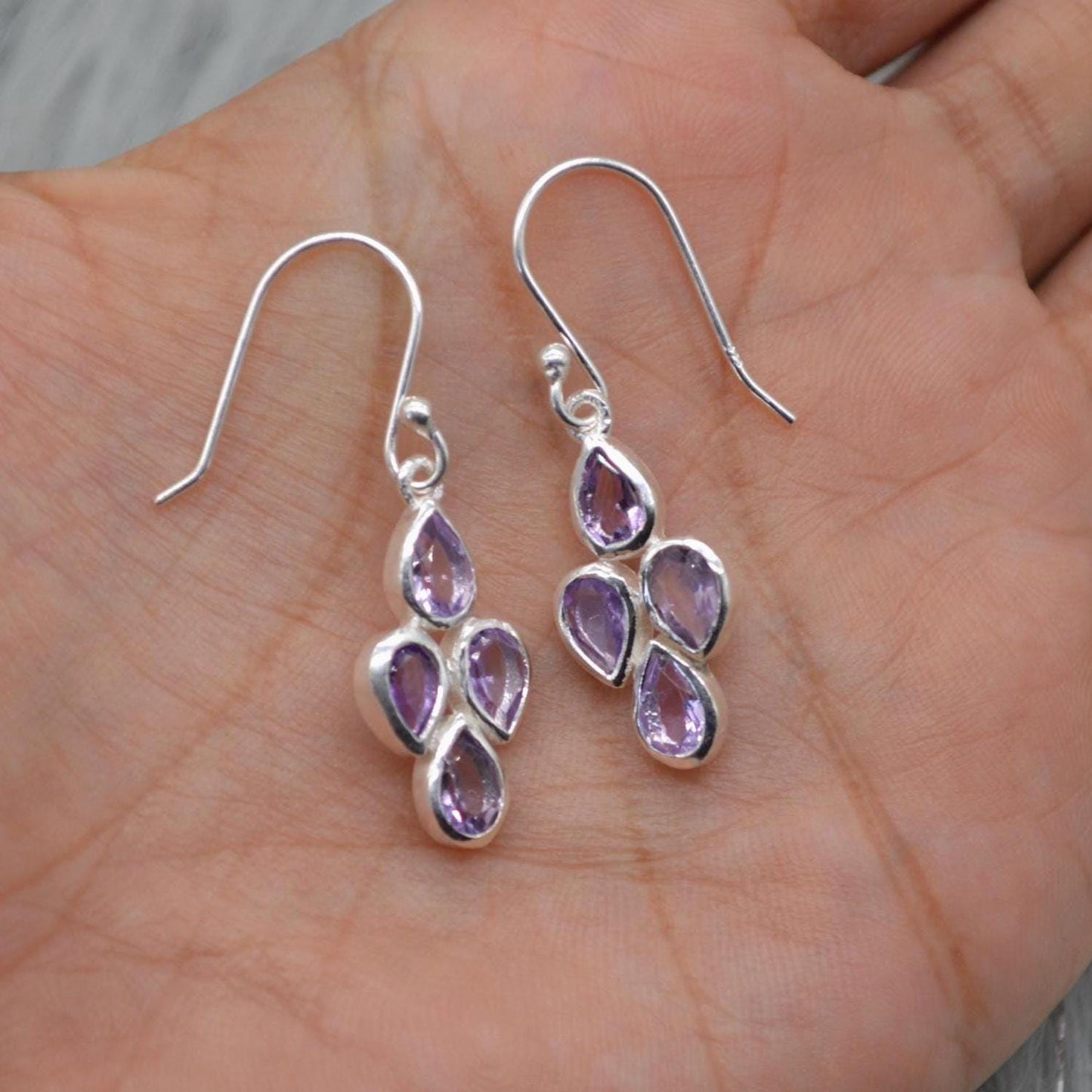 Amethyst Sterling Silver Drop Earrings: February Birthstone, Purple Gemstone Floral Jewelry