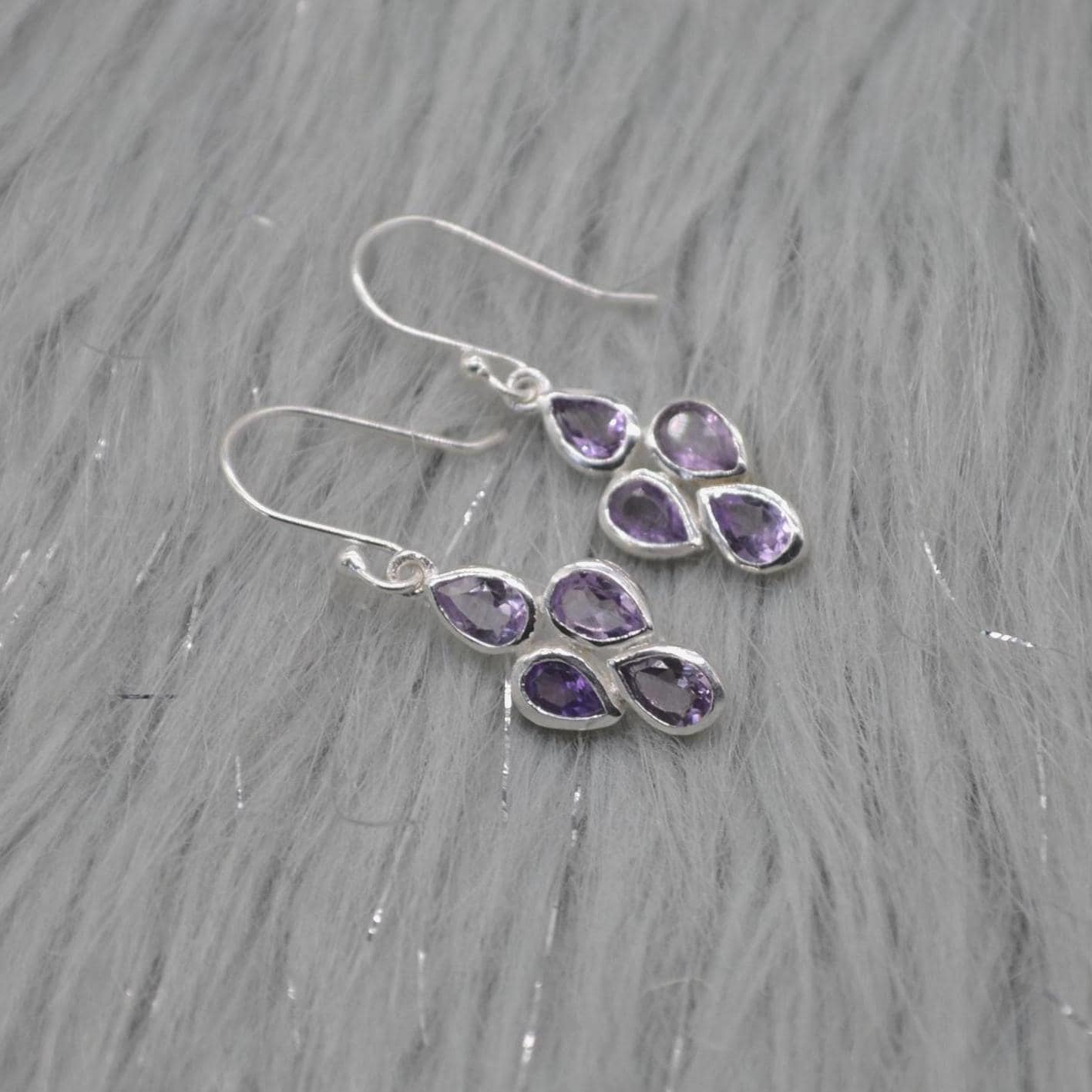 Amethyst Sterling Silver Drop Earrings: February Birthstone, Purple Gemstone Floral Jewelry