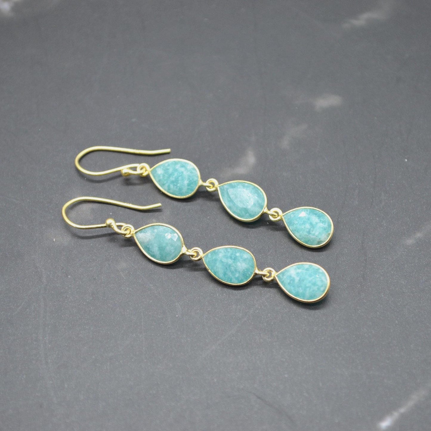 Amazonite Silver Drop Earrings: Green Blue Gemstone Jewelry, Gold Plated, Boho Chic