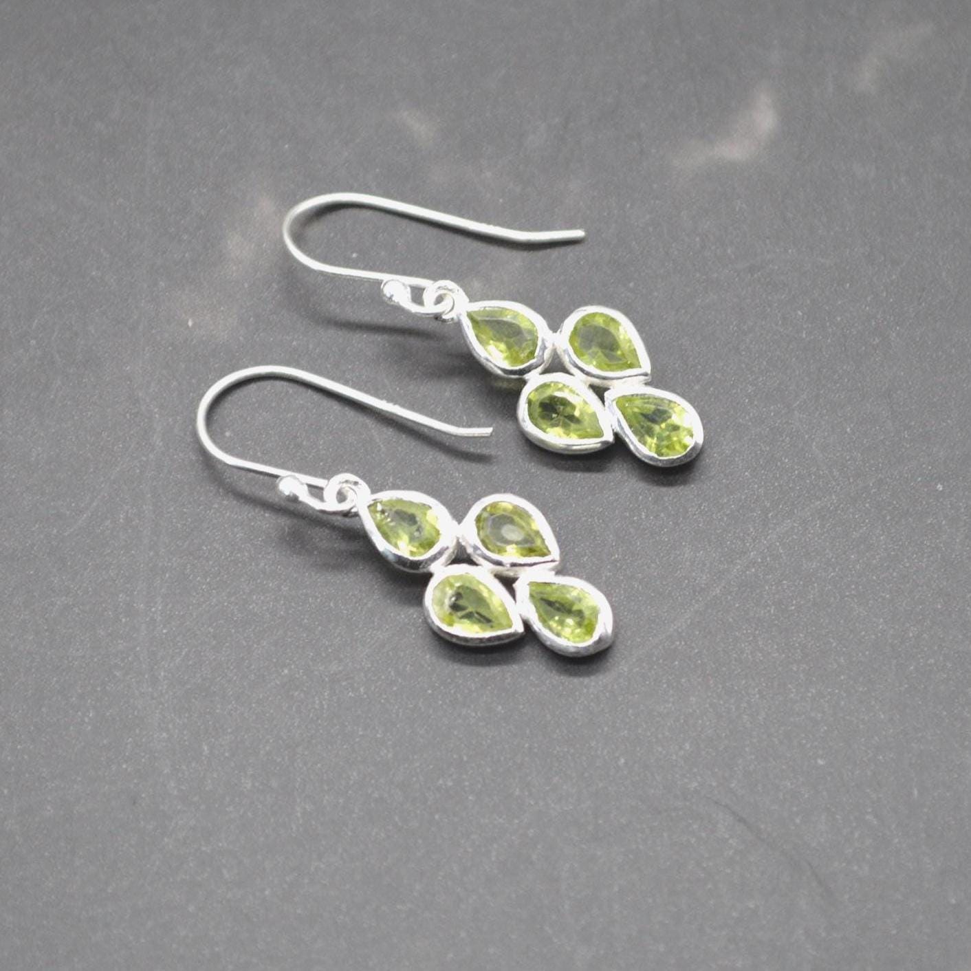 Peridot Sterling Silver Drop Earrings: August Birthstone, Green Gemstone Floral Jewelry