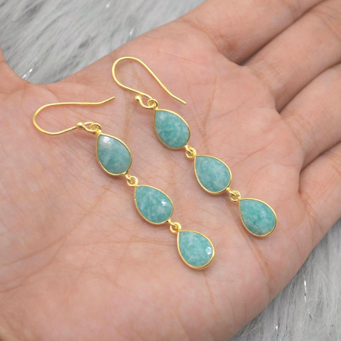 Amazonite Silver Drop Earrings: Green Blue Gemstone Jewelry, Gold Plated, Boho Chic