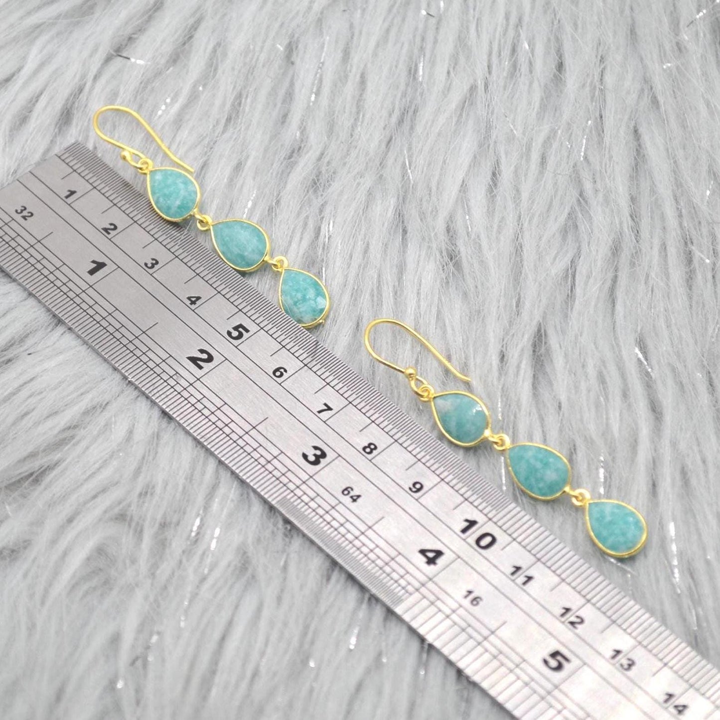 Amazonite Silver Drop Earrings: Green Blue Gemstone Jewelry, Gold Plated, Boho Chic