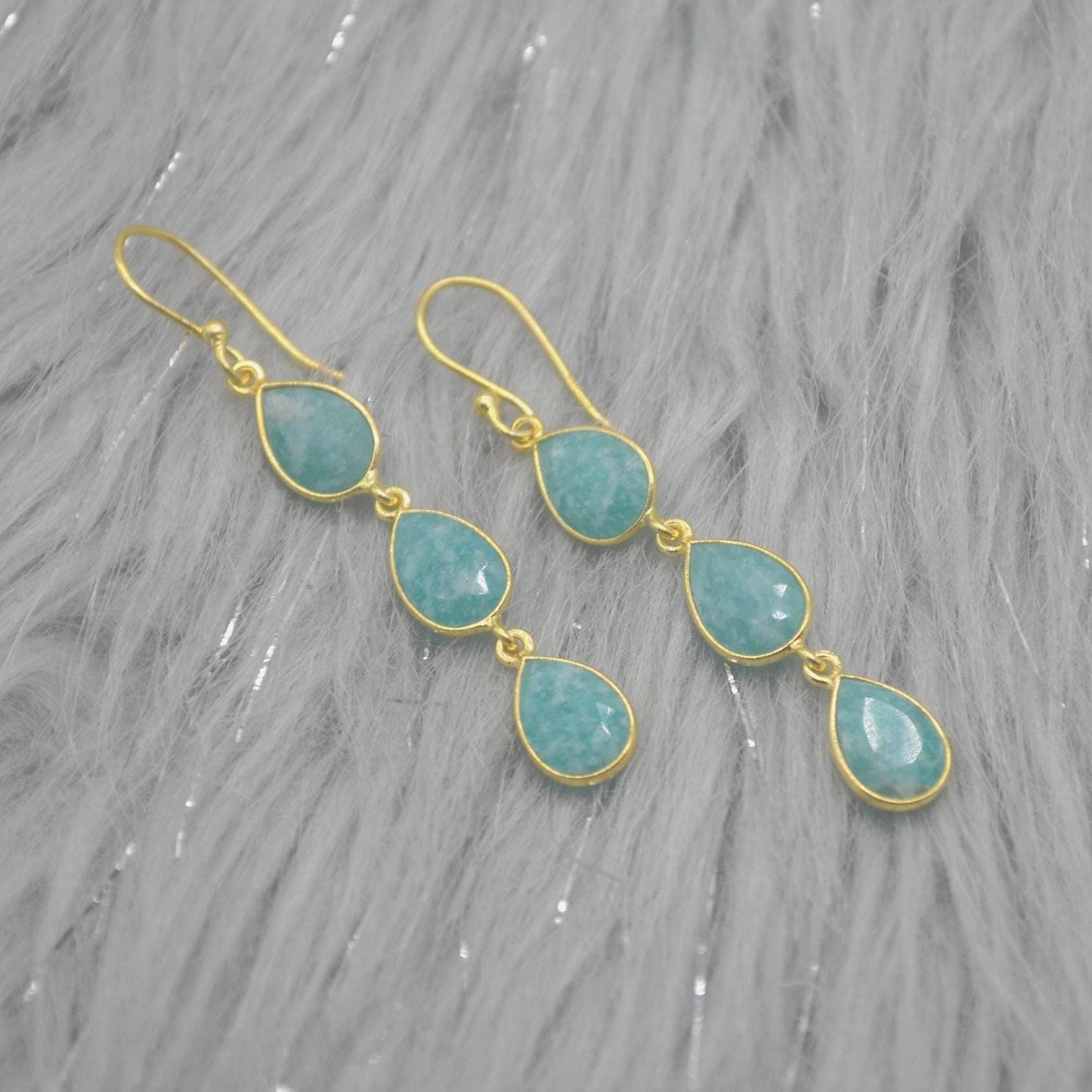 Amazonite Silver Drop Earrings: Green Blue Gemstone Jewelry, Gold Plated, Boho Chic